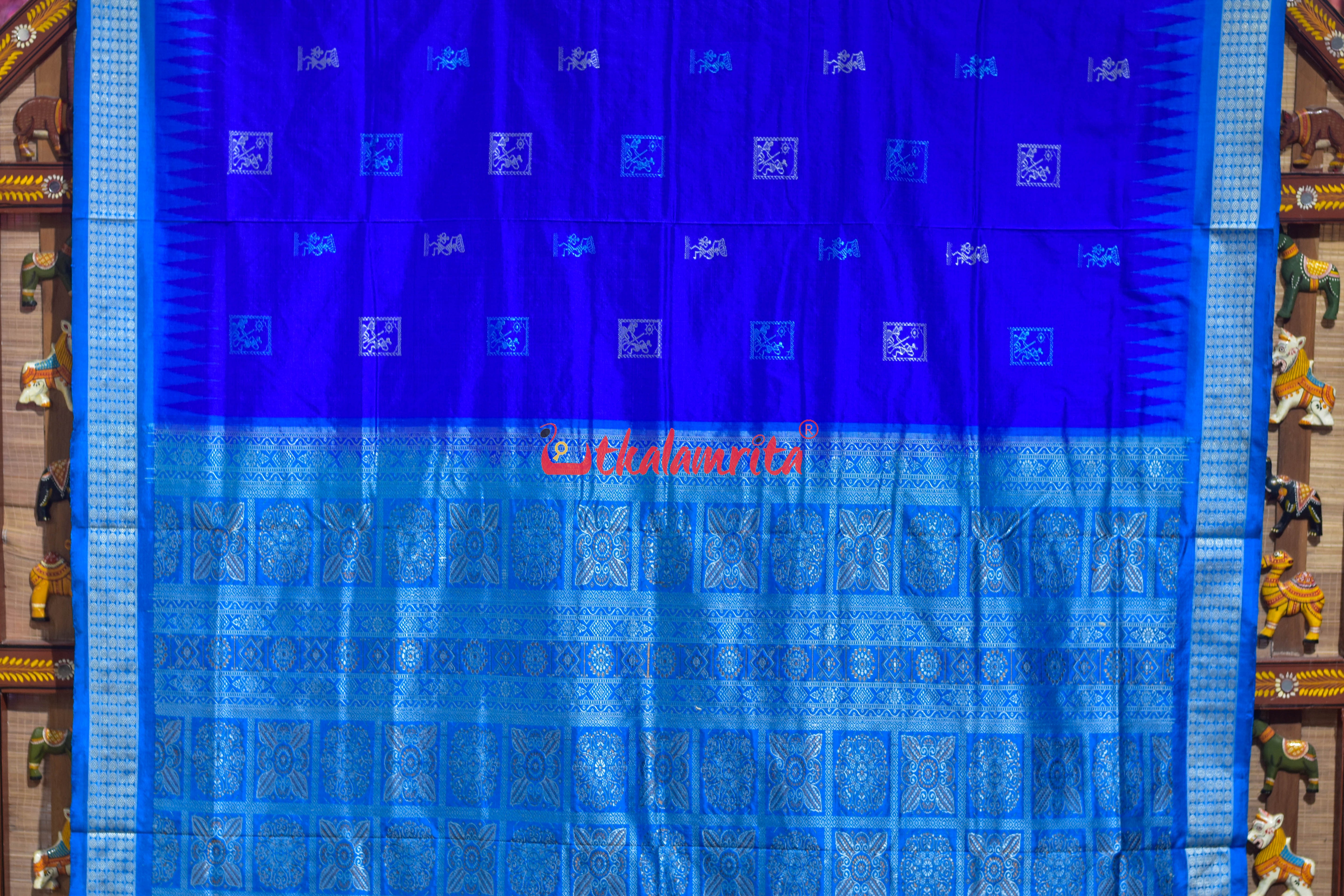 Deep Blue Copper Sulphate Box Tribal Bomkai Silk Saree