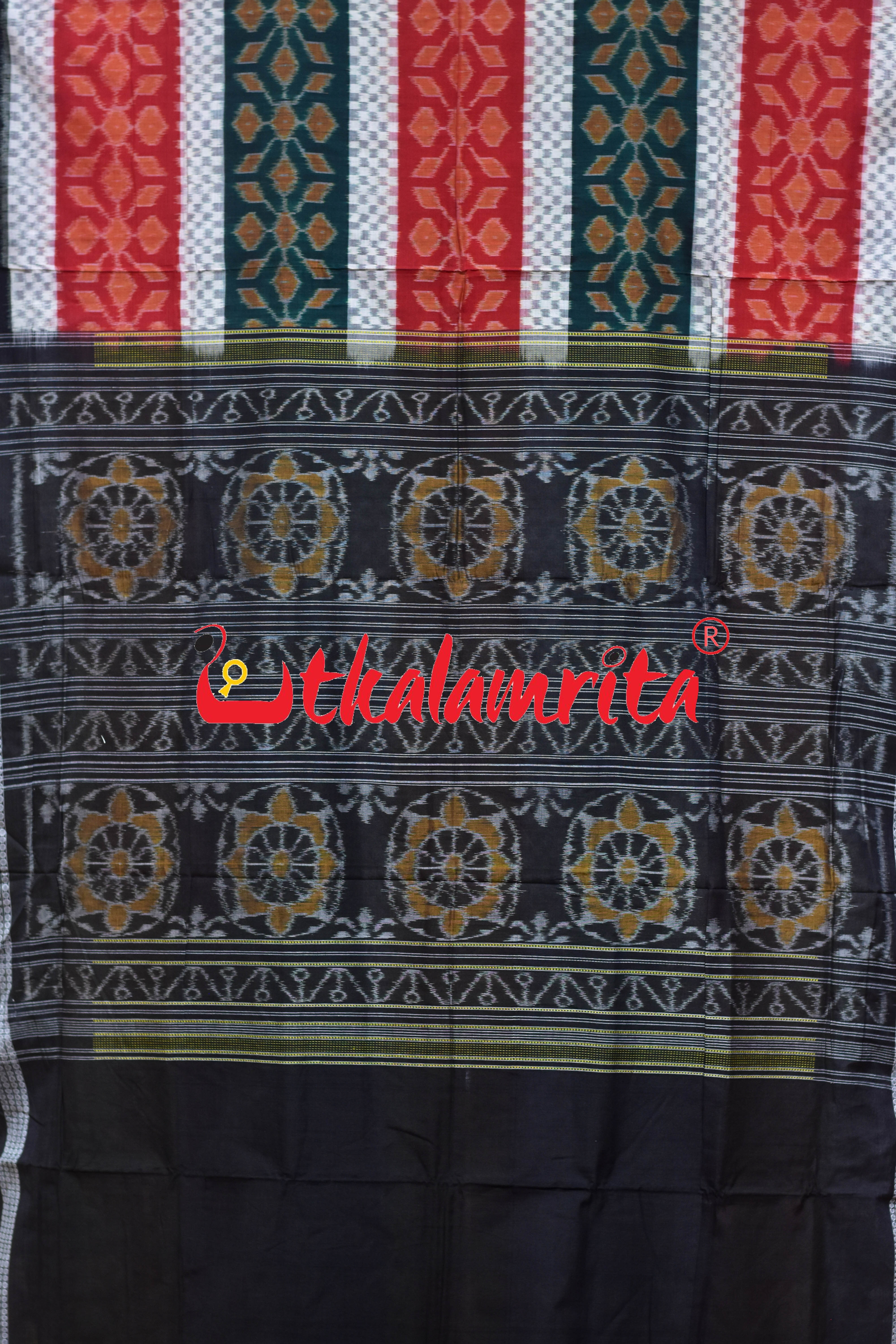 Egara Dhadiya Red Green White Sambalpuri Cotton Saree