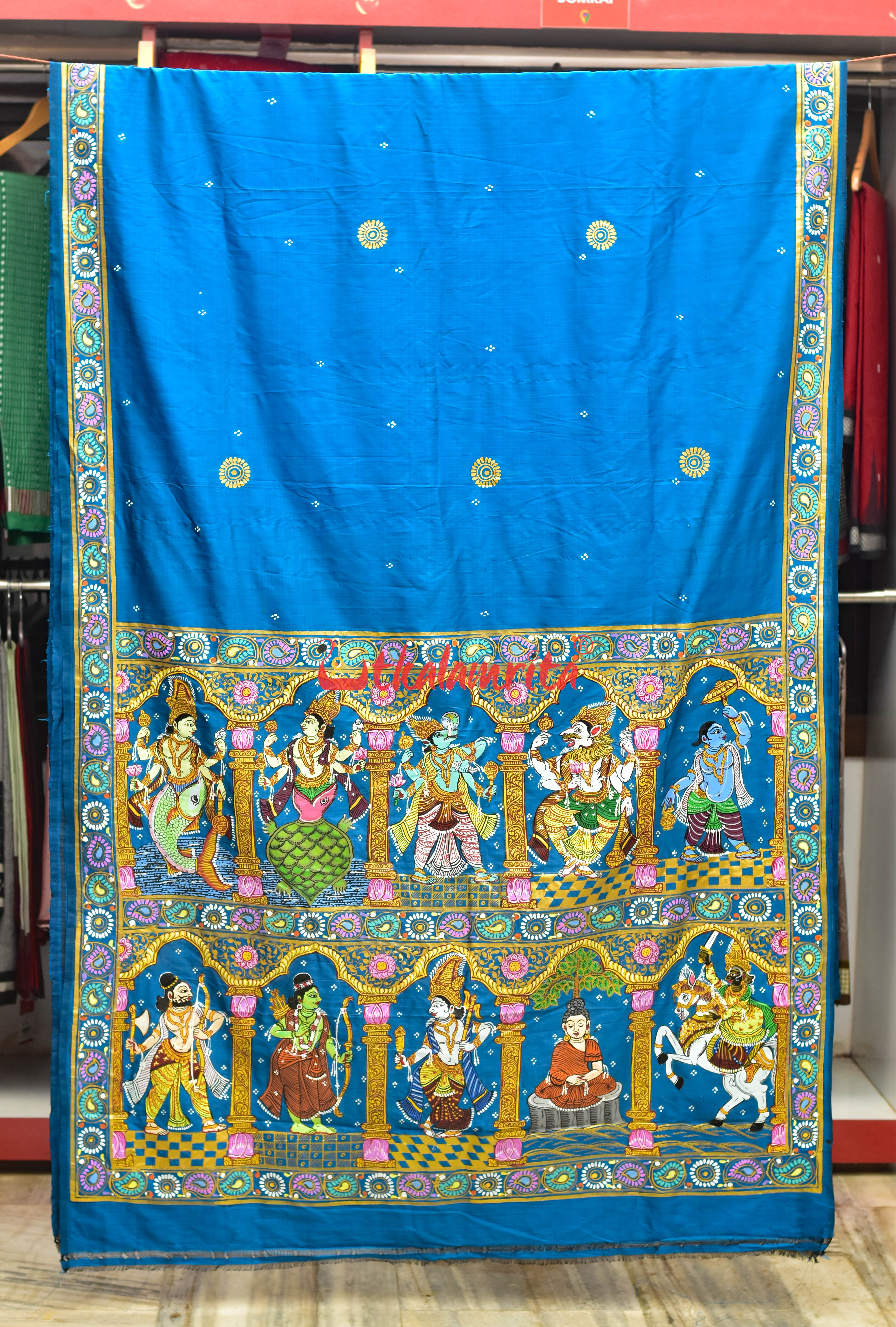 Cobalt Blue Dasabatar Pattachitra Silk Saree