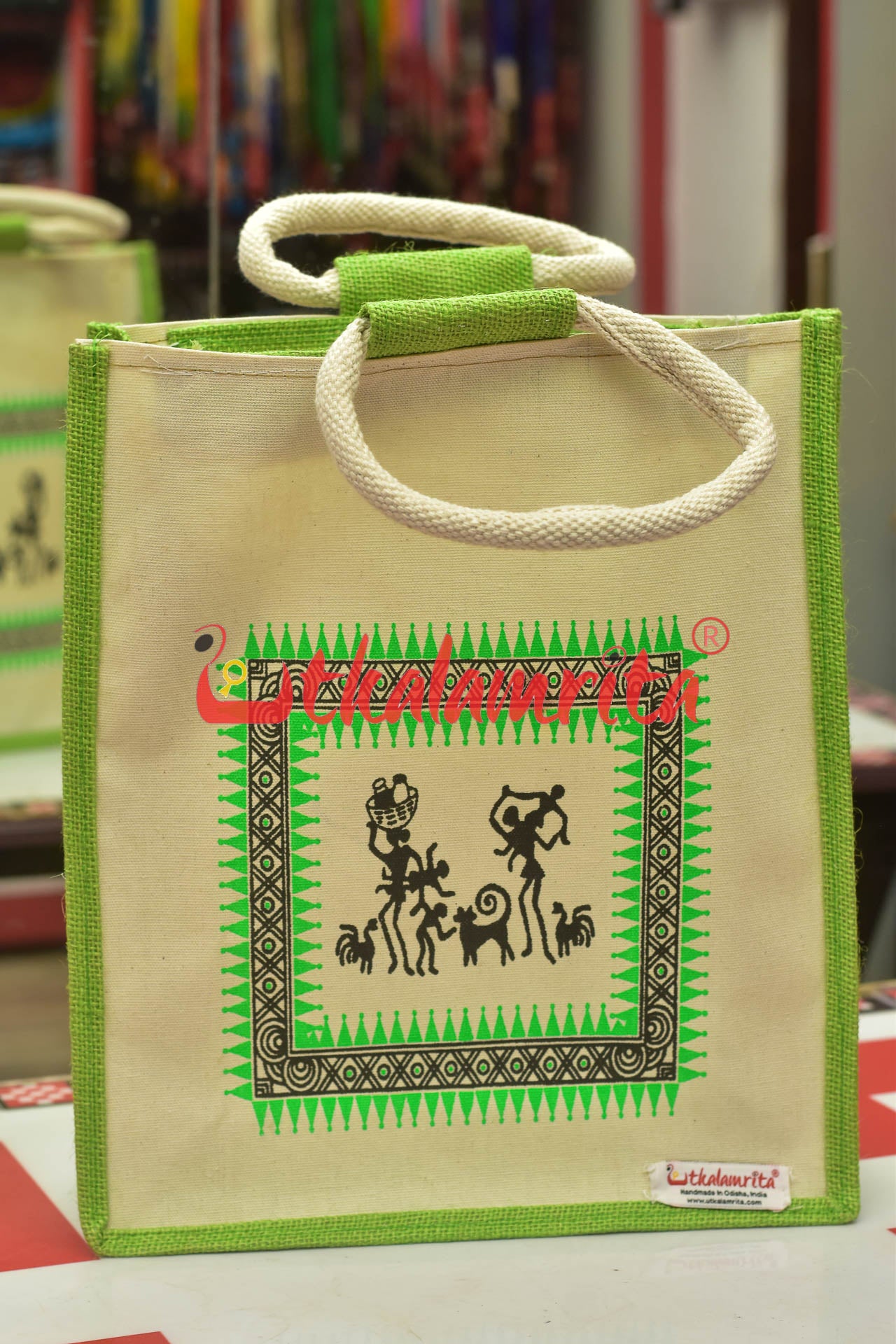 Green Tribals Dancing Rectangular Jute Bag