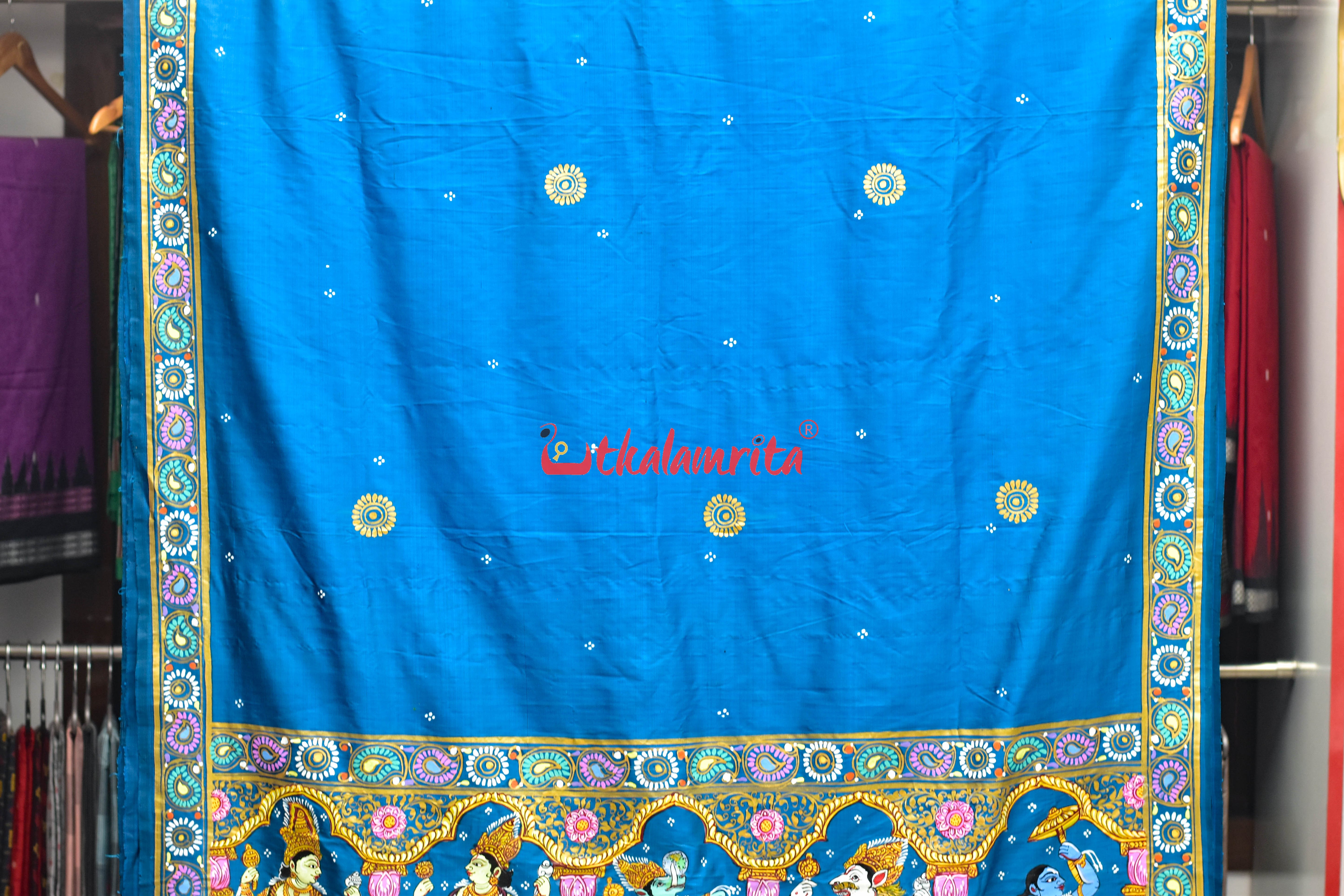 Cobalt Blue Dasabatar Pattachitra Silk Saree