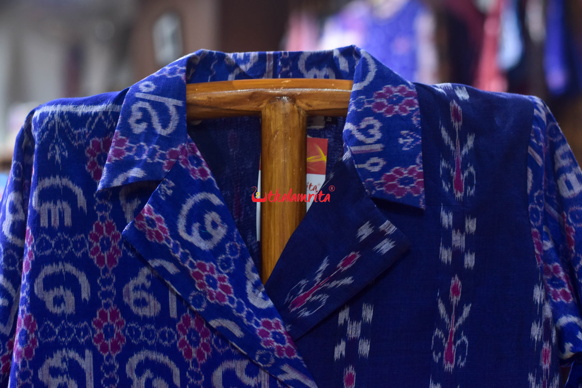 Blue Kadha Pasapali Half Half Blazer Neck Odia Letters (Ladies' Kurti)