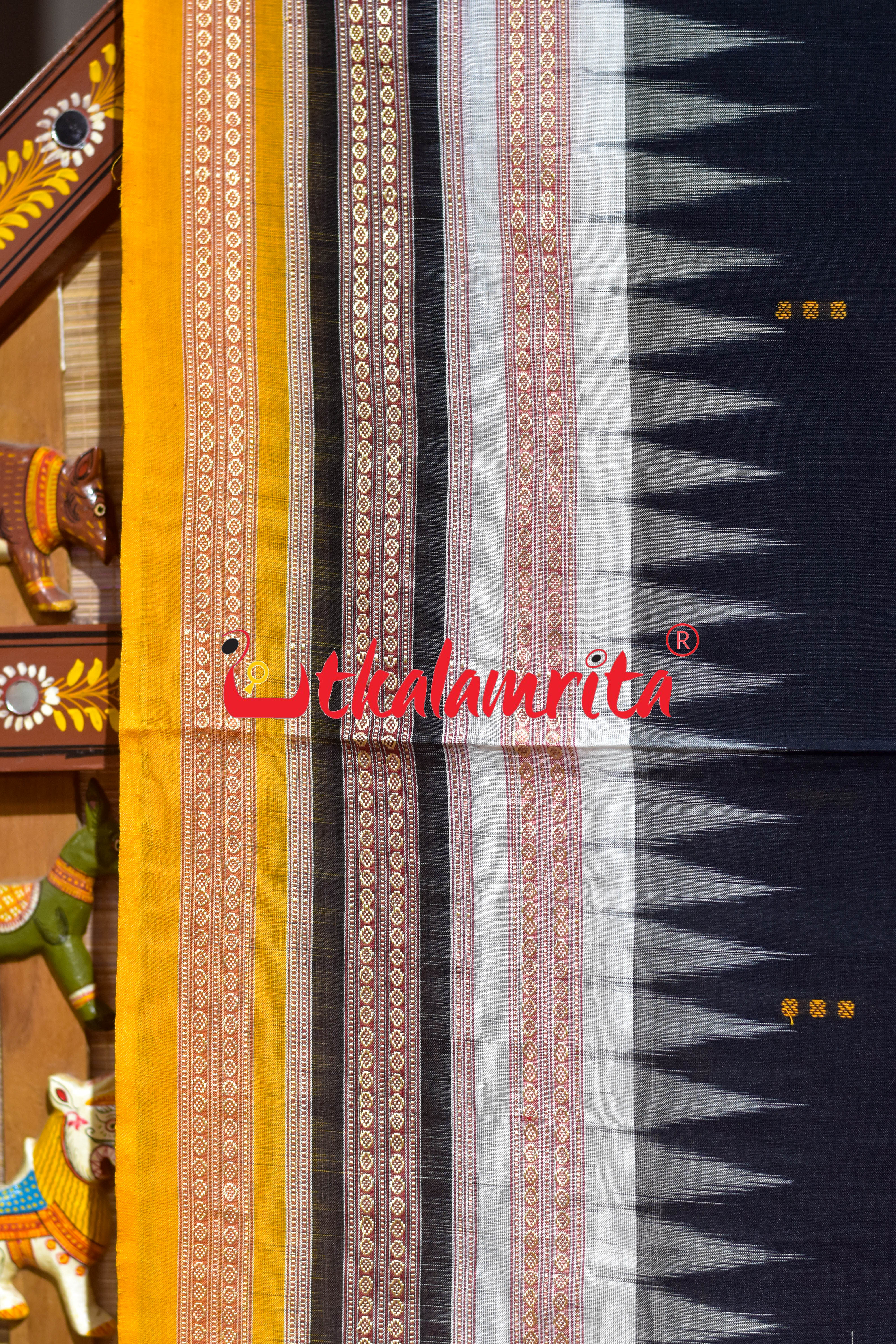 Black Yellow Triple Dhadi Bomkai Cotton Saree