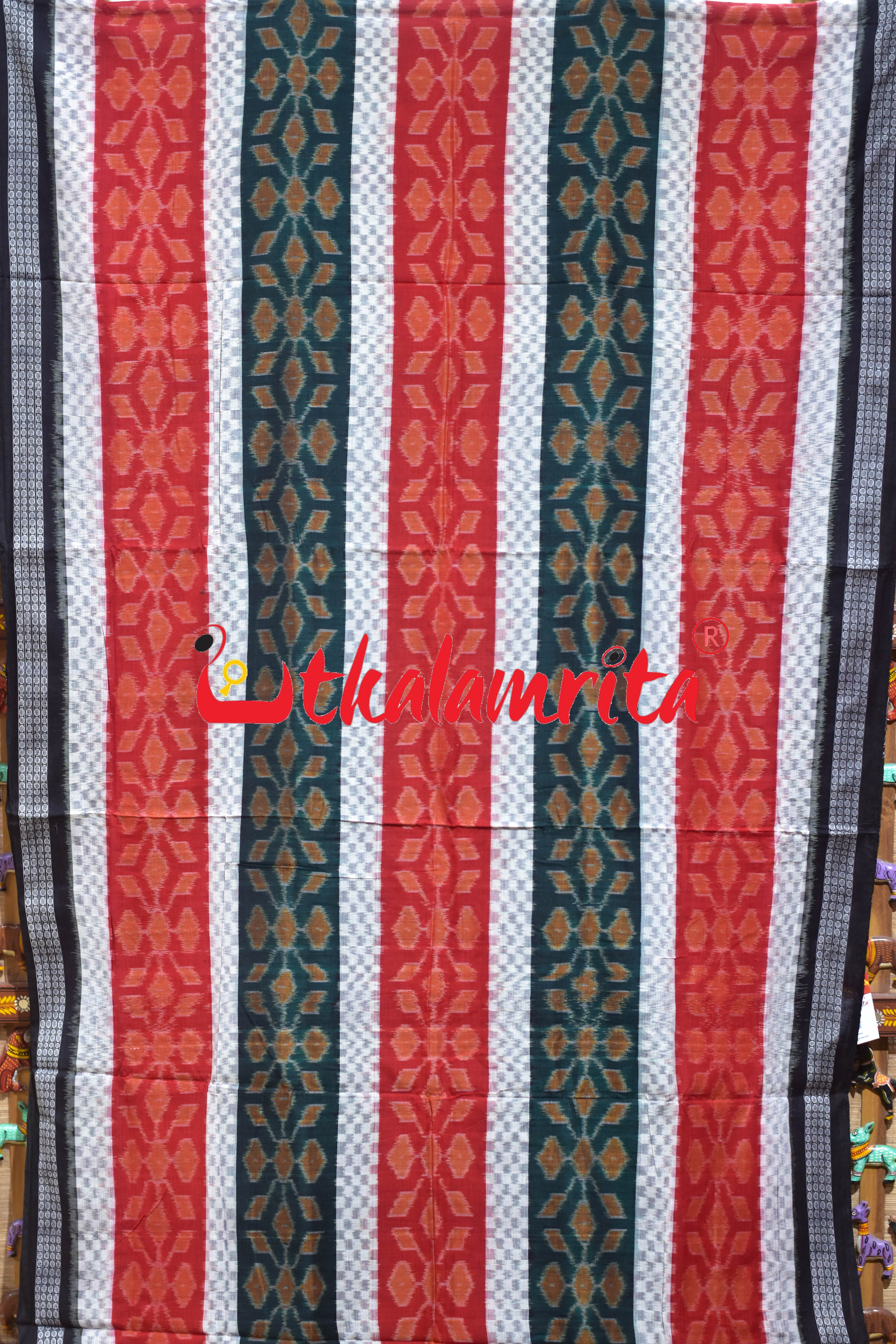 Egara Dhadiya Red Green White Sambalpuri Cotton Saree