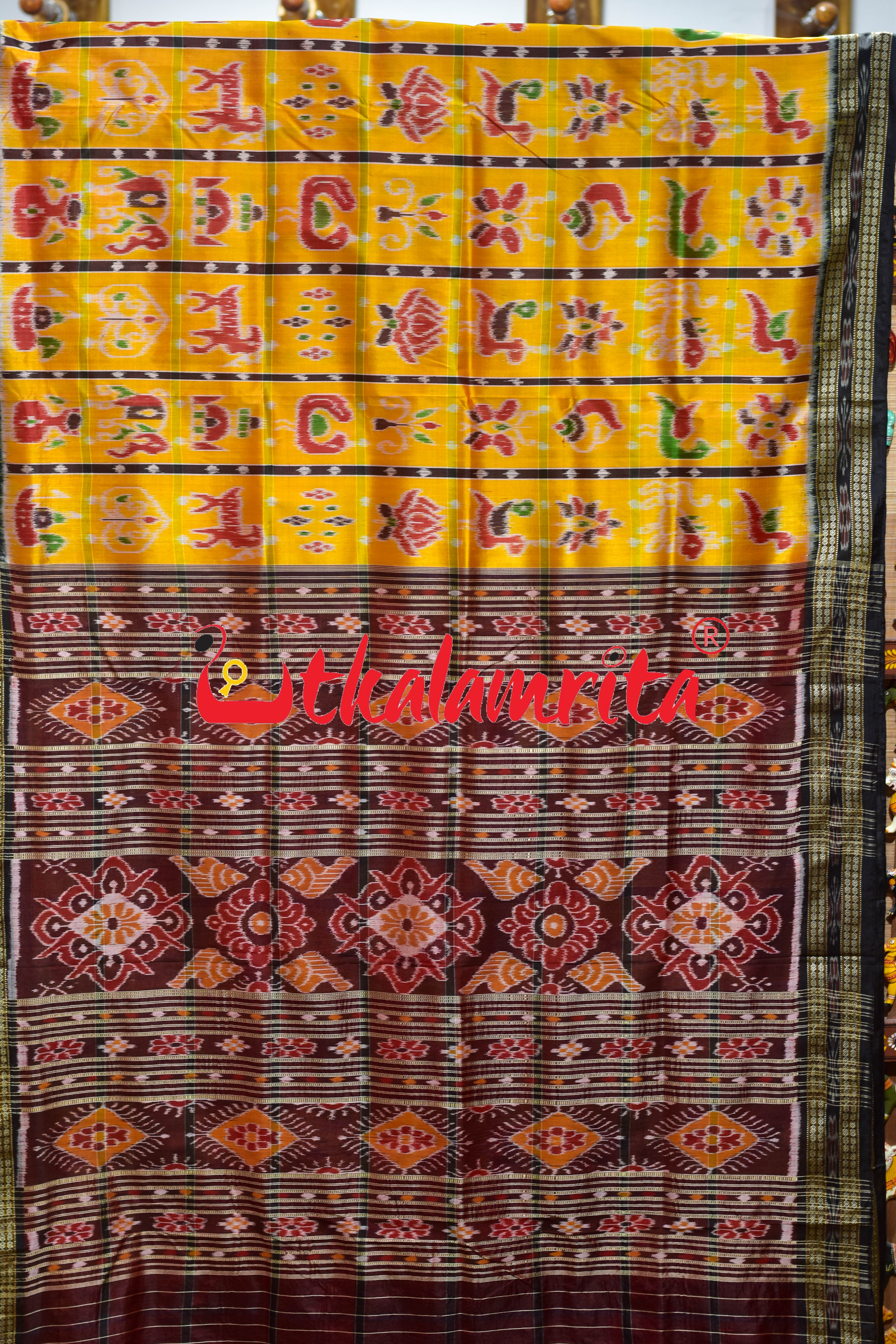 Shiny Golden Nabakothi Khandua Silk Saree