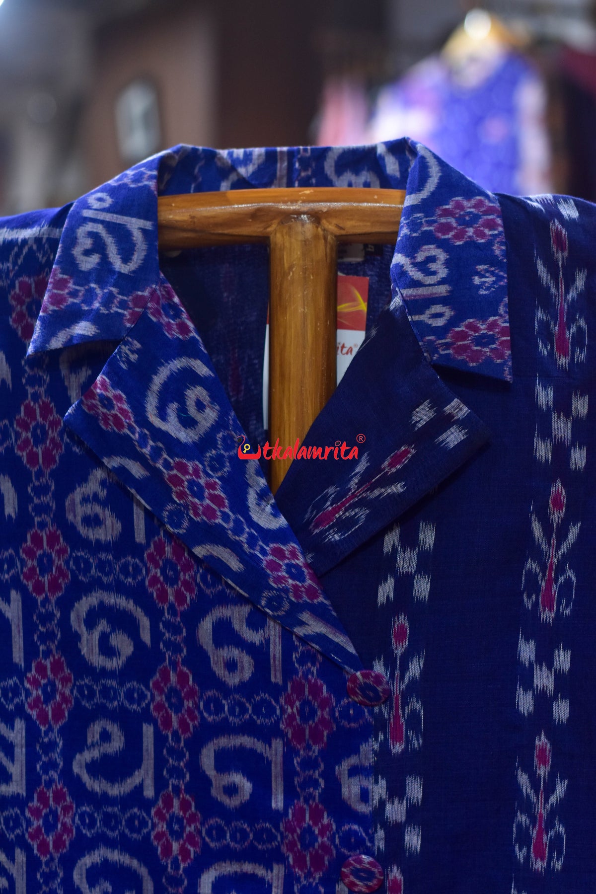 Blue Kadha Pasapali Half Half Blazer Neck Odia Letters (Ladies' Kurti)