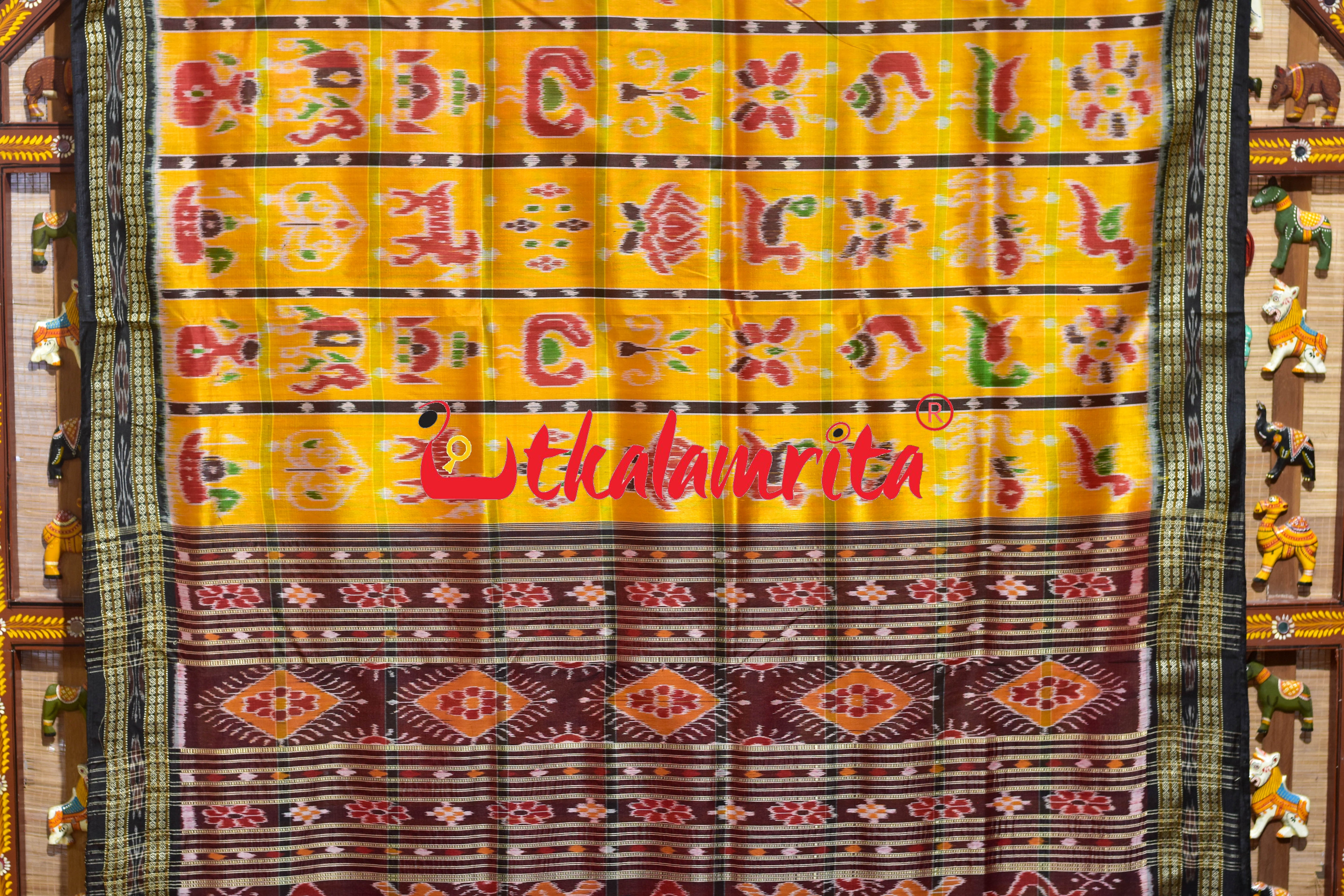 Shiny Golden Nabakothi Khandua Silk Saree