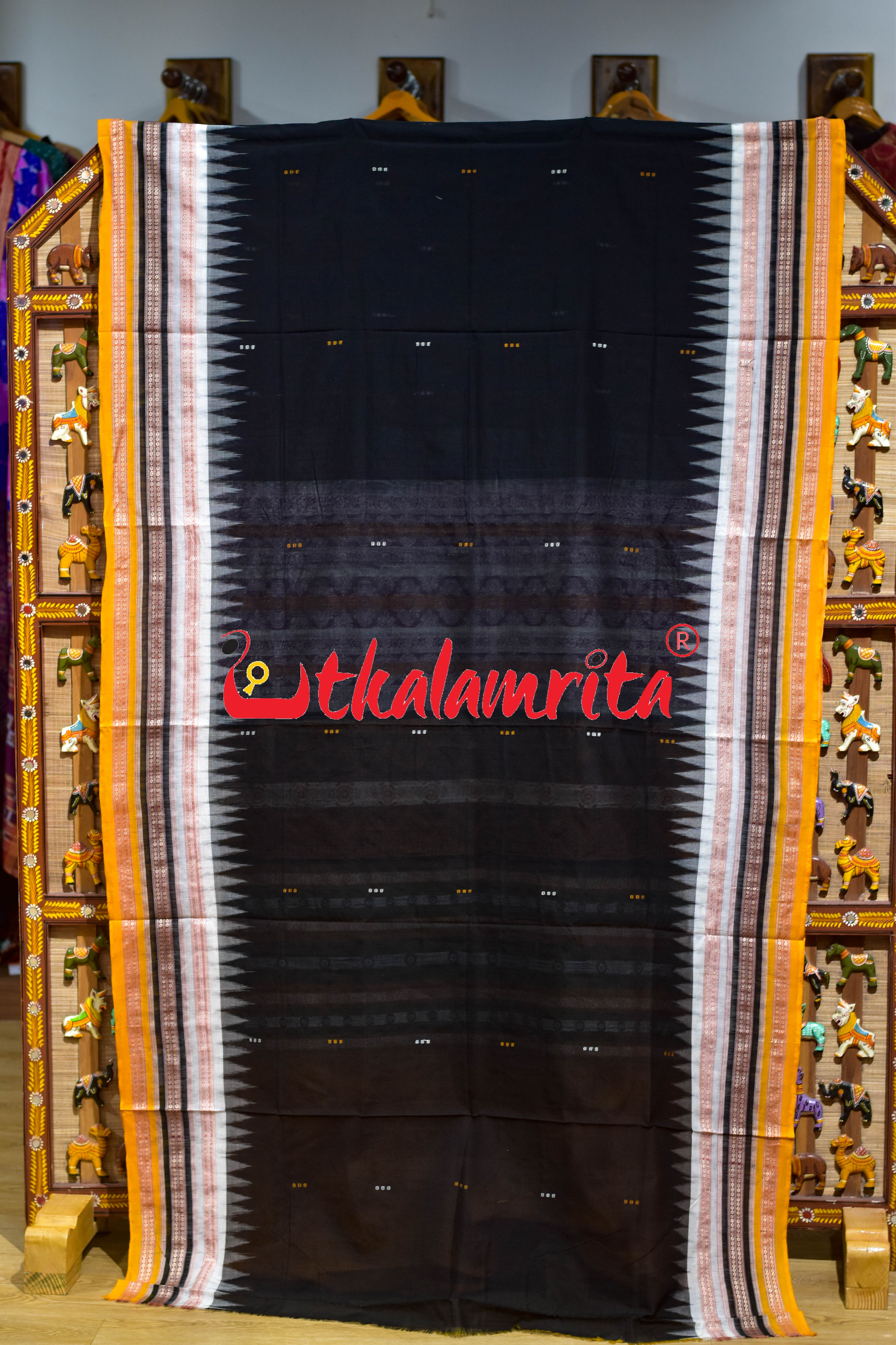 Black Yellow Triple Dhadi Bomkai Cotton Saree