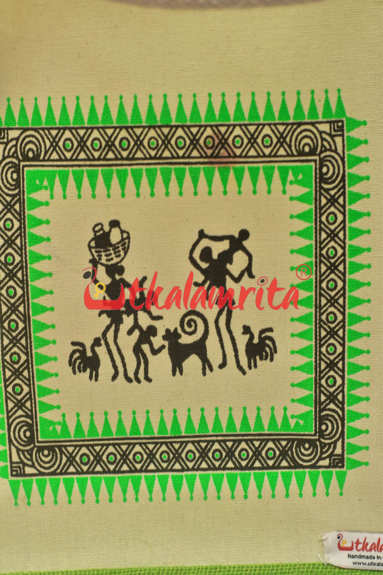 Green Tribals Dancing Rectangular Jute Bag