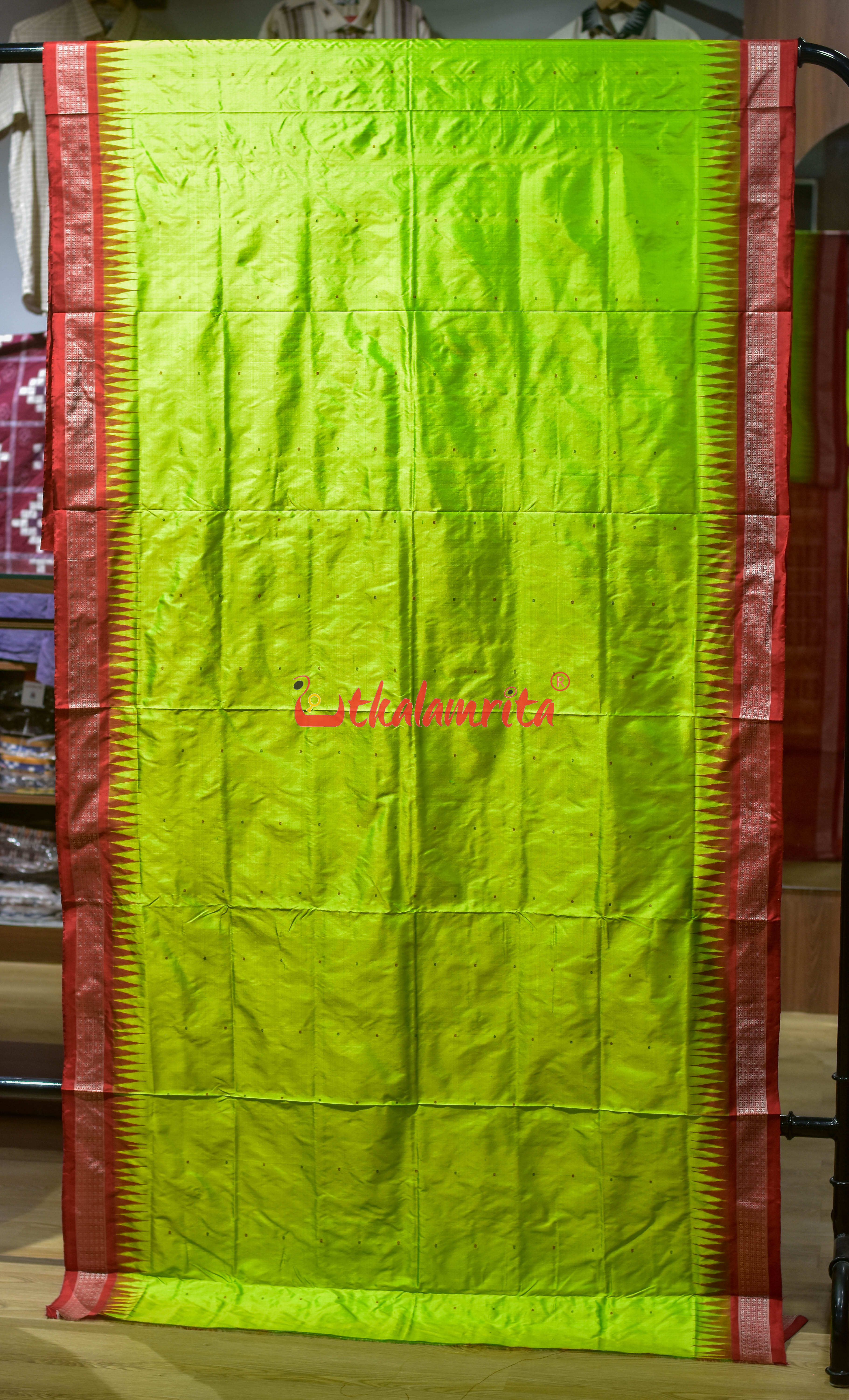 Lime Green Buti Bomkai Silk Saree