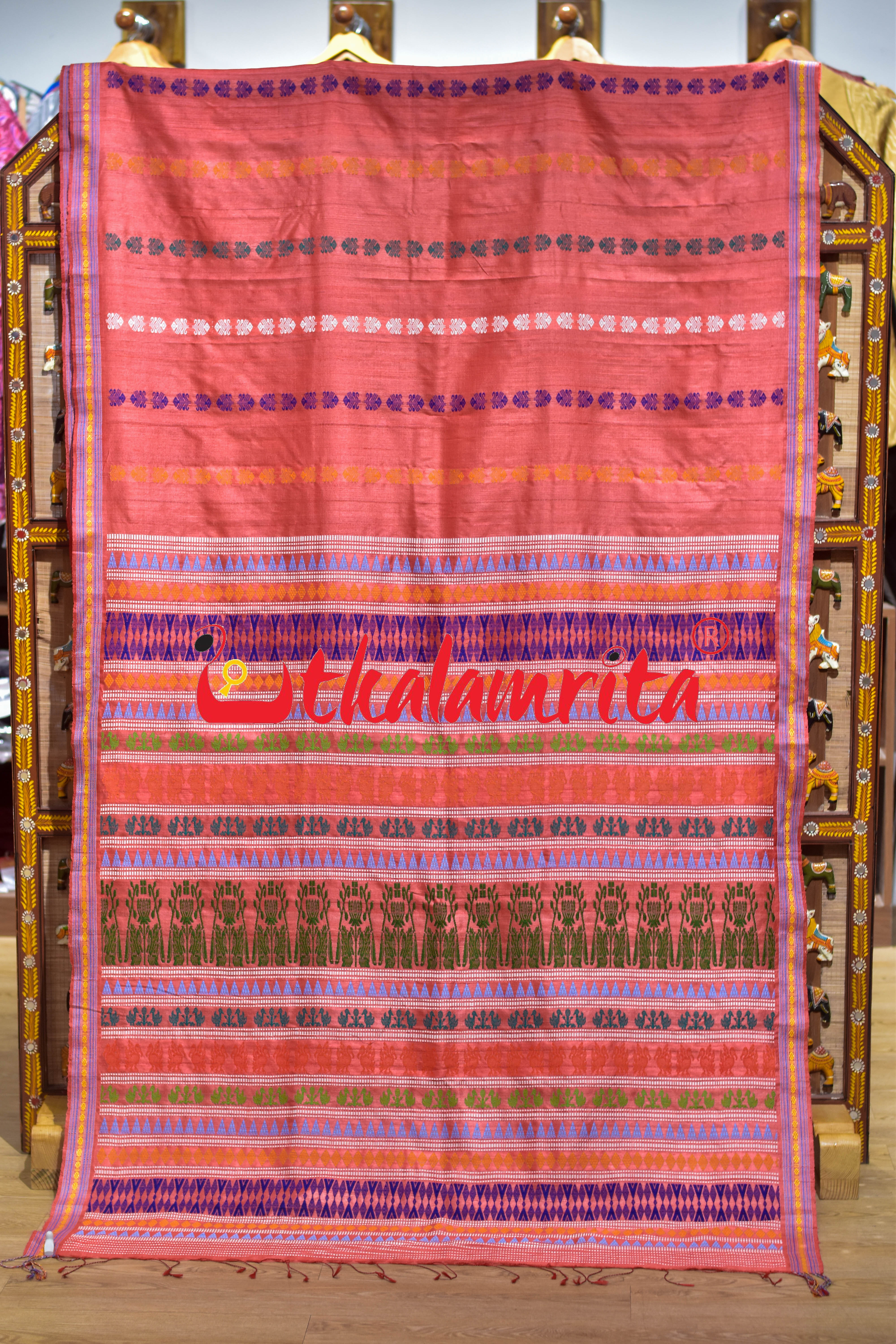 Red Half Ikat Half  Jala Gopalpur Tussar Silk Saree