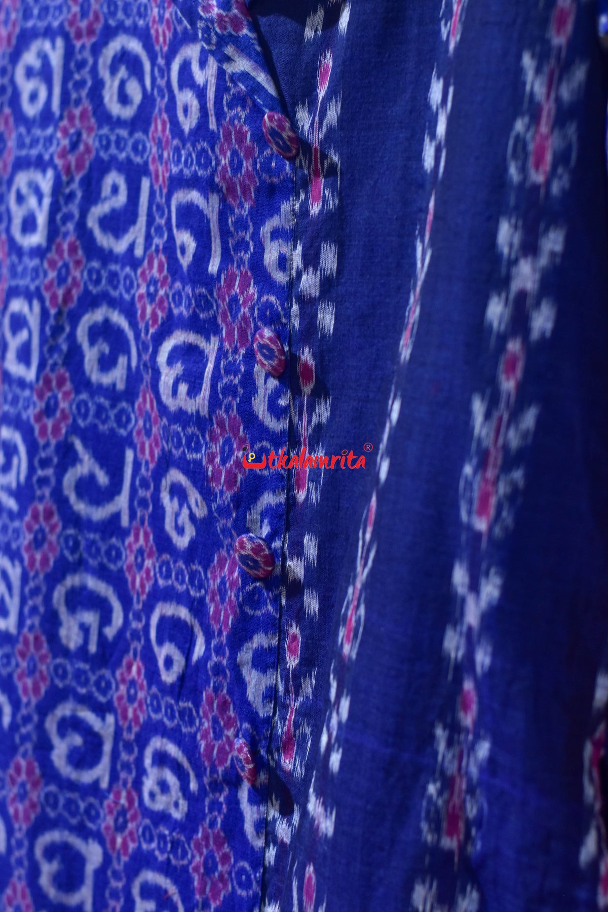 Blue Kadha Pasapali Half Half Blazer Neck Odia Letters (Ladies' Kurti)