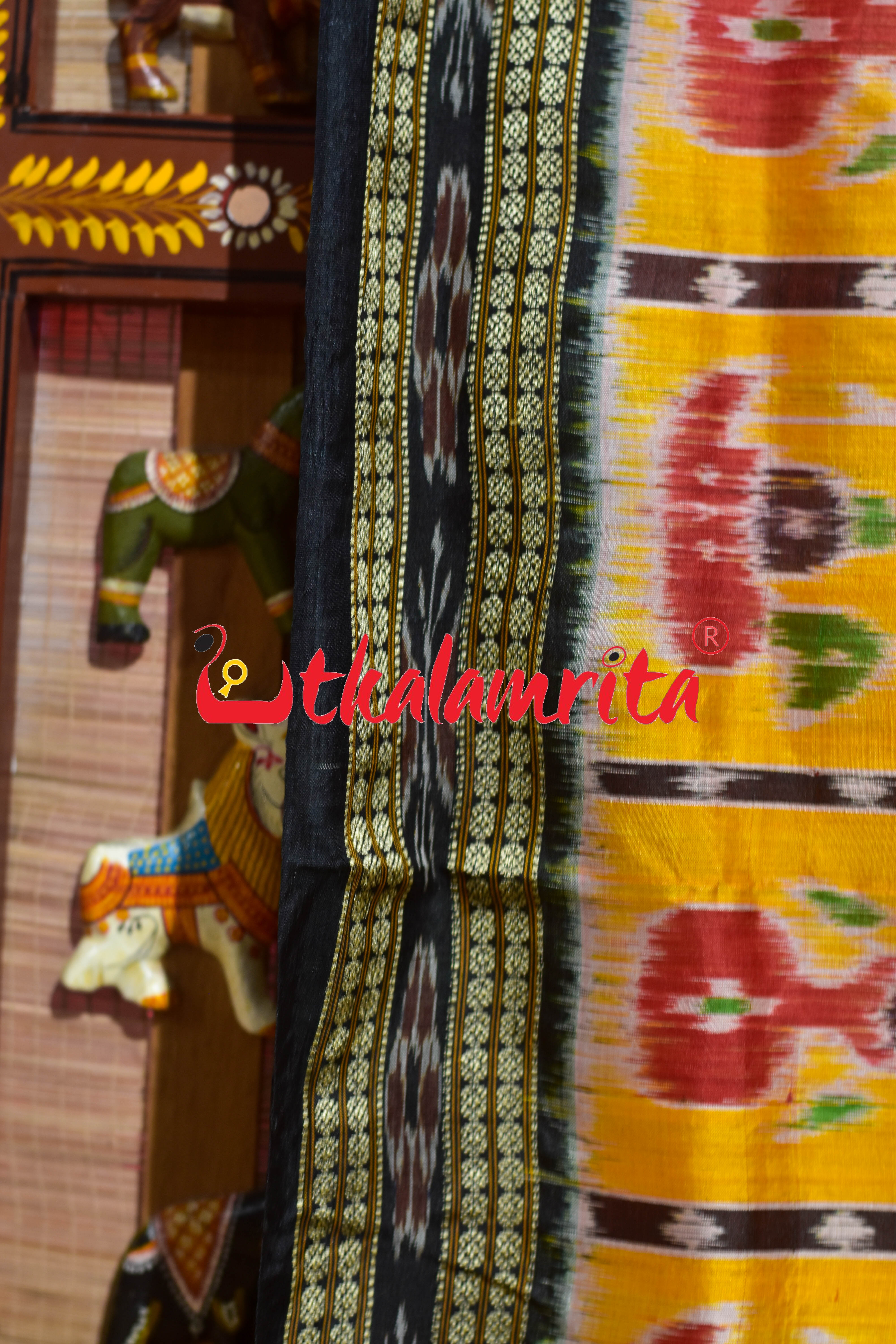 Shiny Golden Nabakothi Khandua Silk Saree