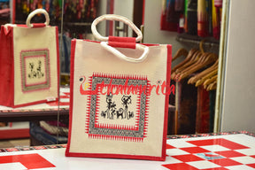 Red Tribals Dancing Rectangular Jute Bag