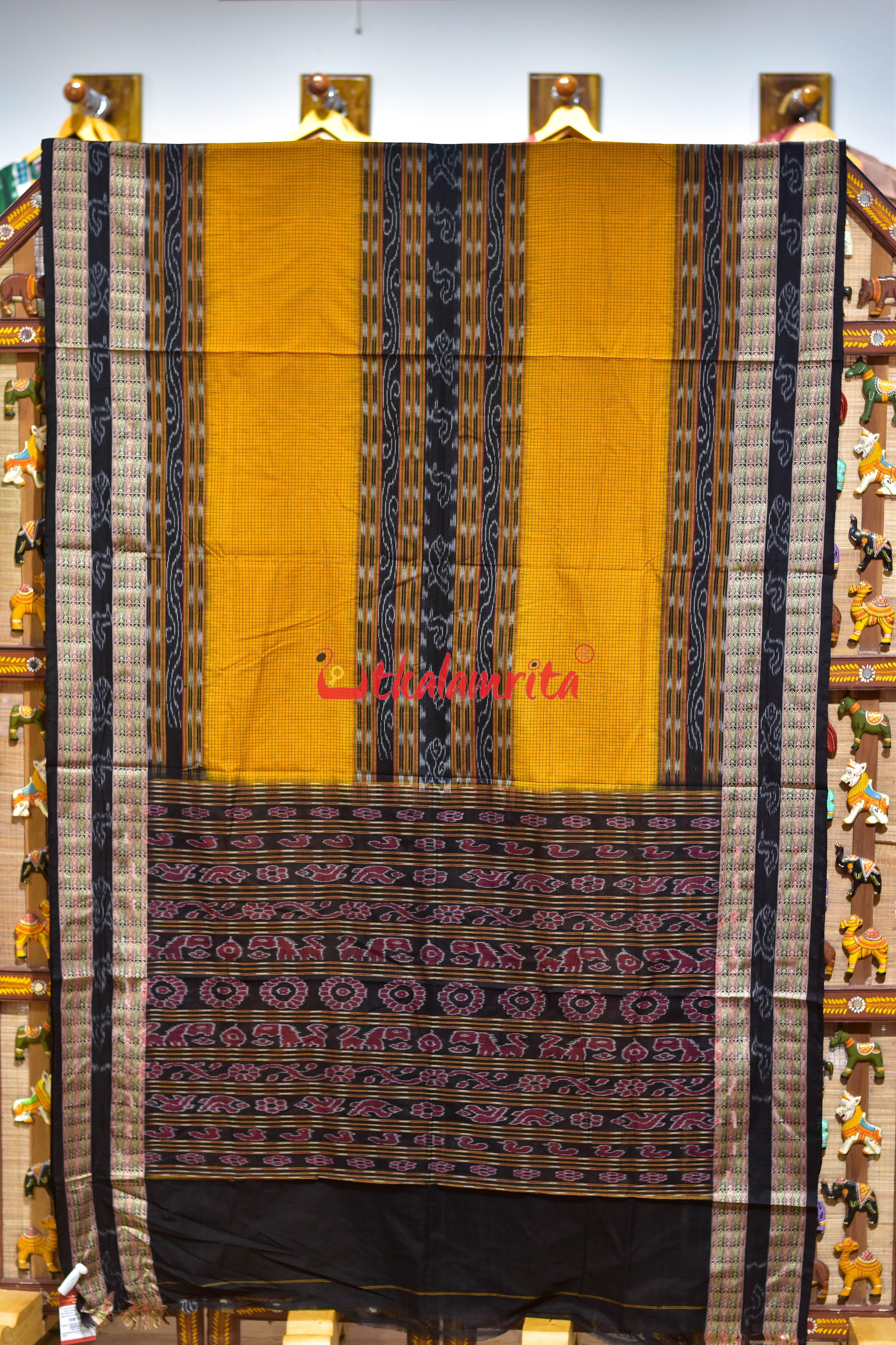 Yellow Black Middle Sachipar Sambalpuri Cotton Saree