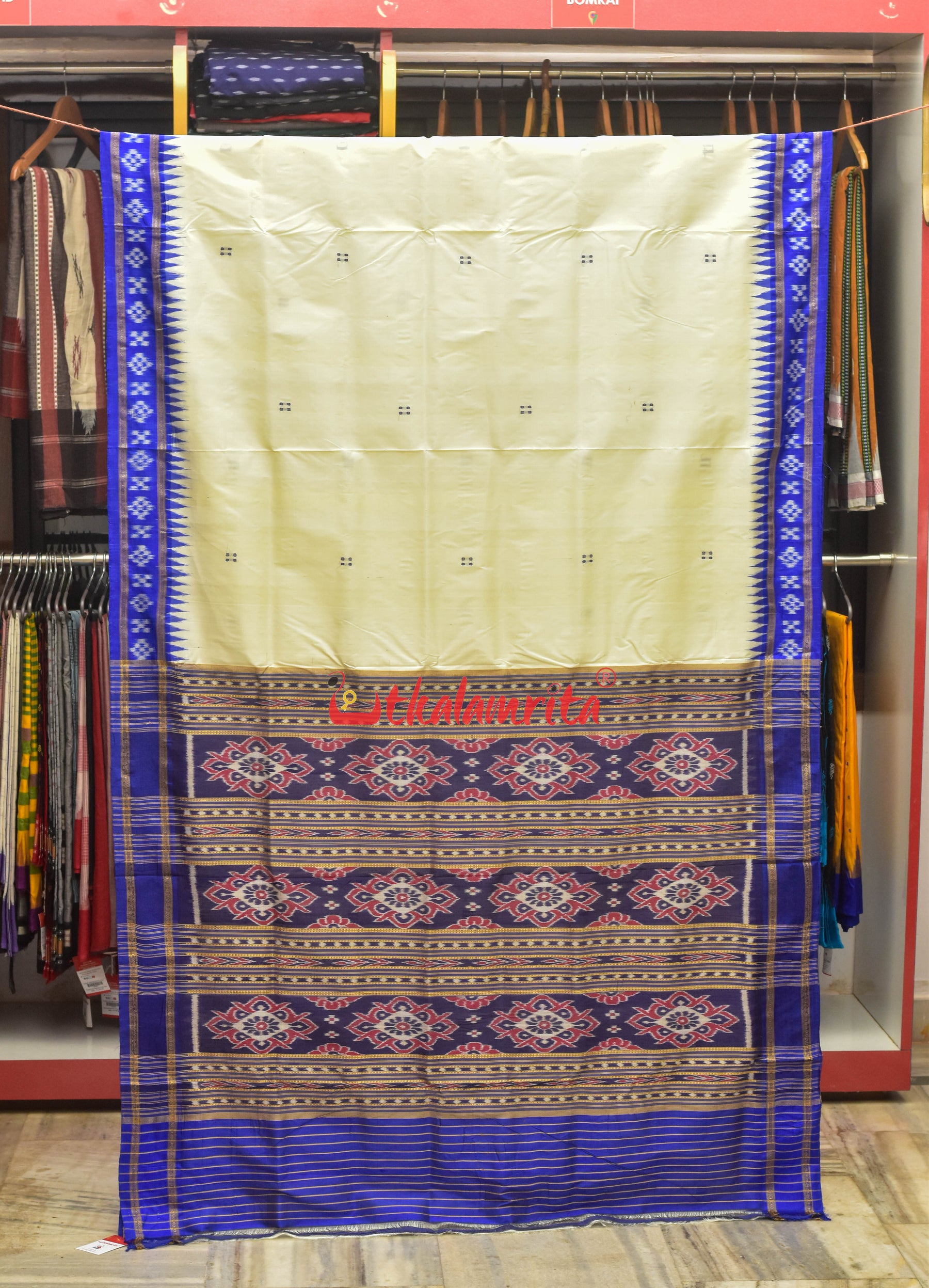 White Blue Pasapali Khandua Silk Saree