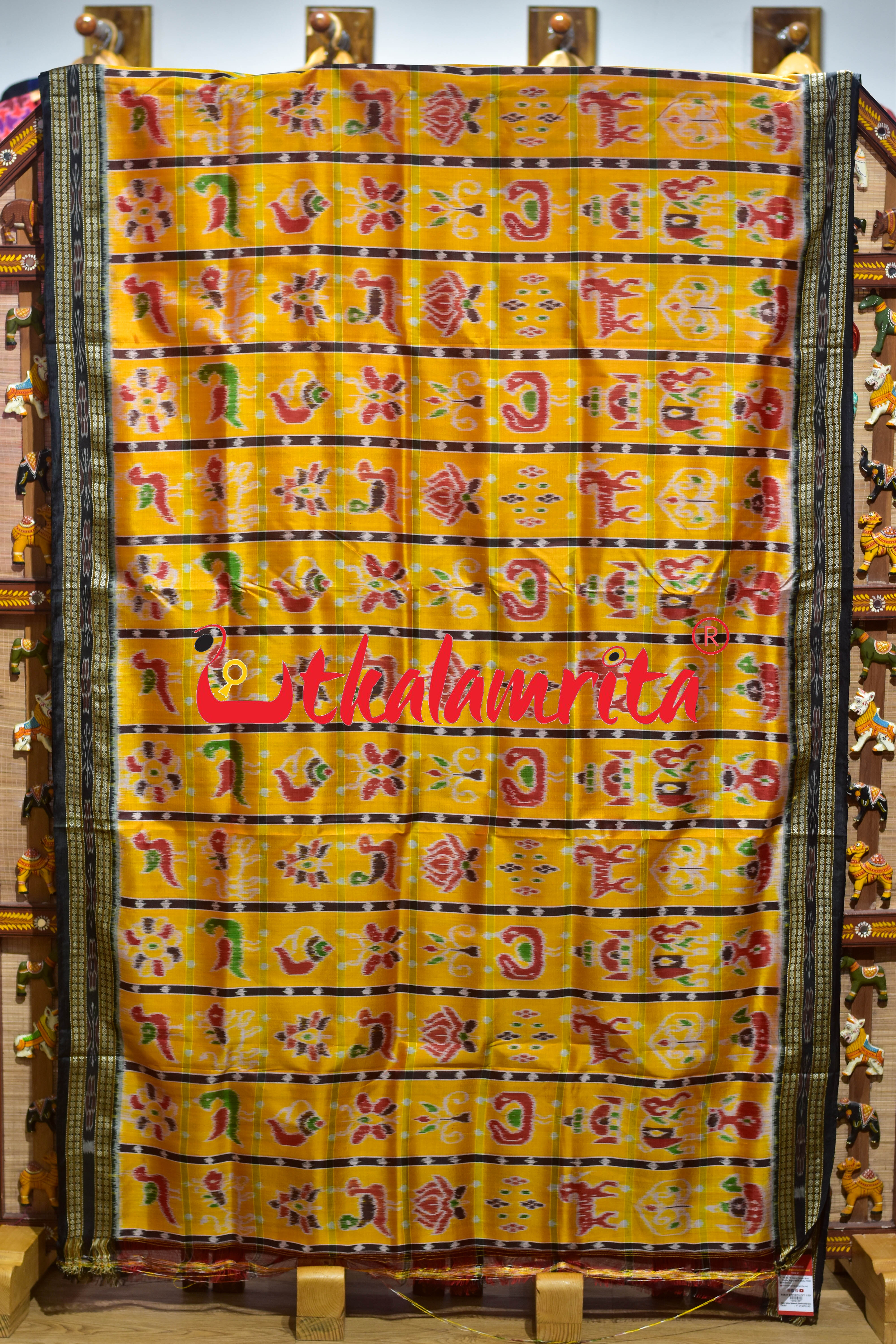 Shiny Golden Nabakothi Khandua Silk Saree