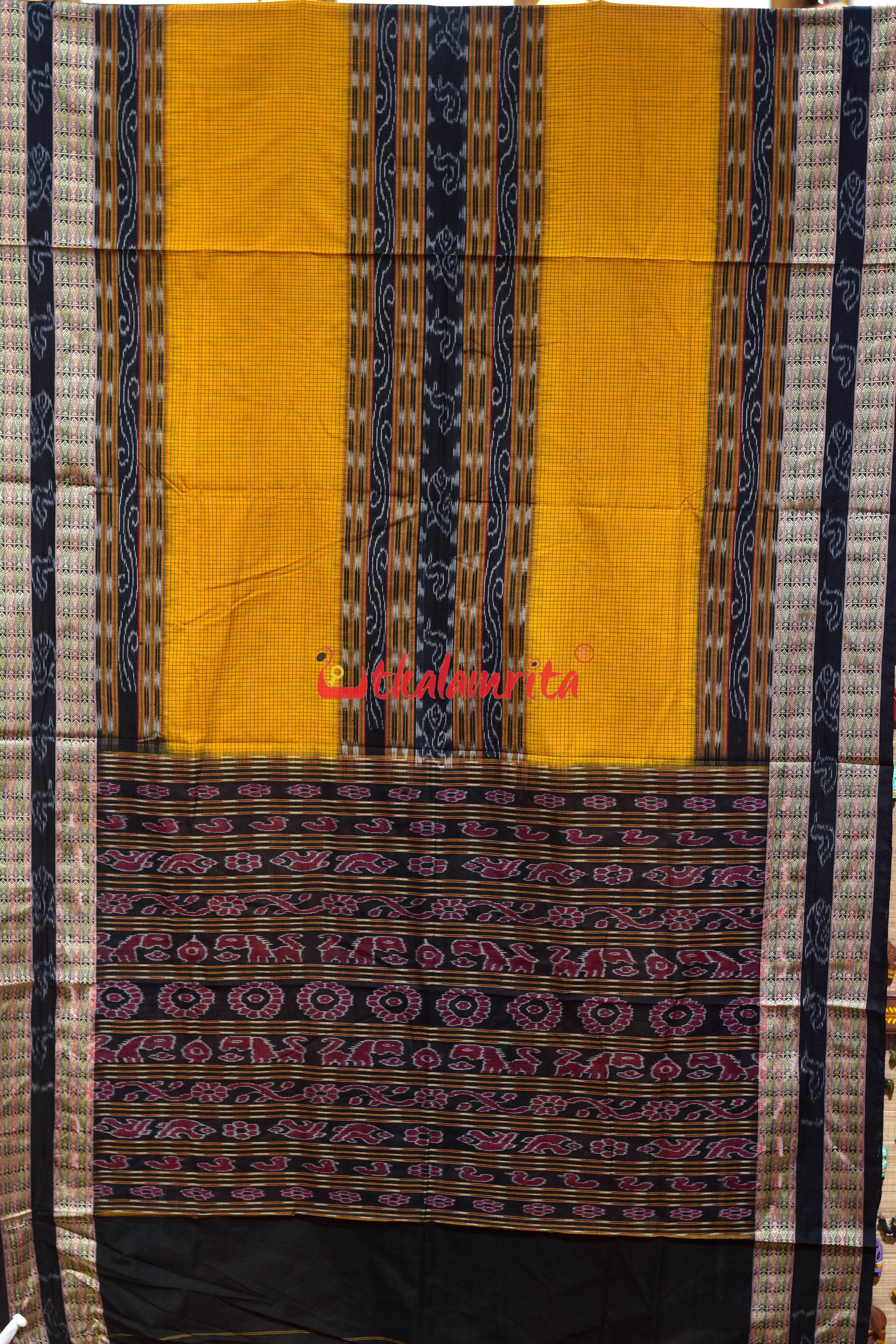 Yellow Black Middle Sachipar Sambalpuri Cotton Saree
