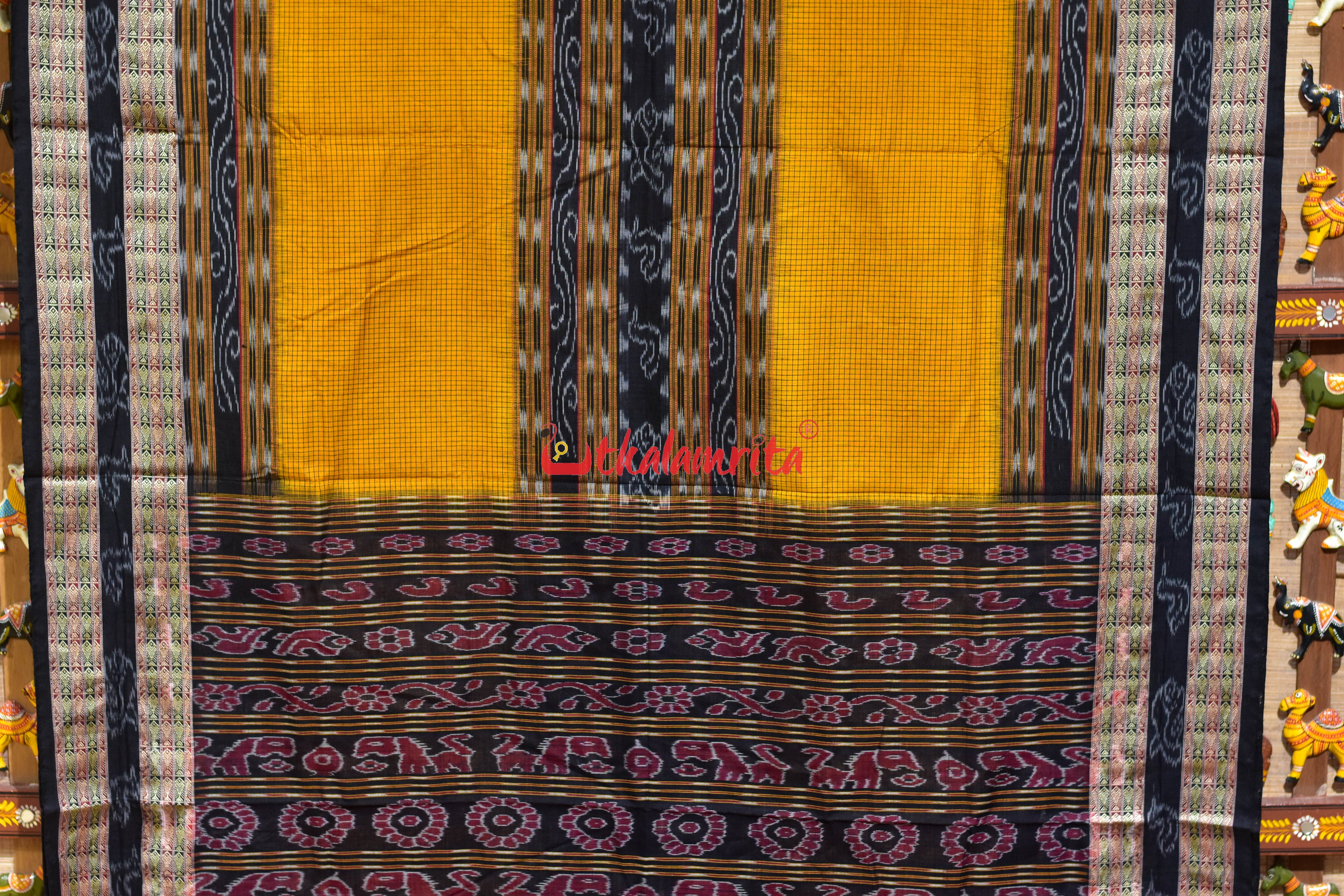 Yellow Black Middle Sachipar Sambalpuri Cotton Saree