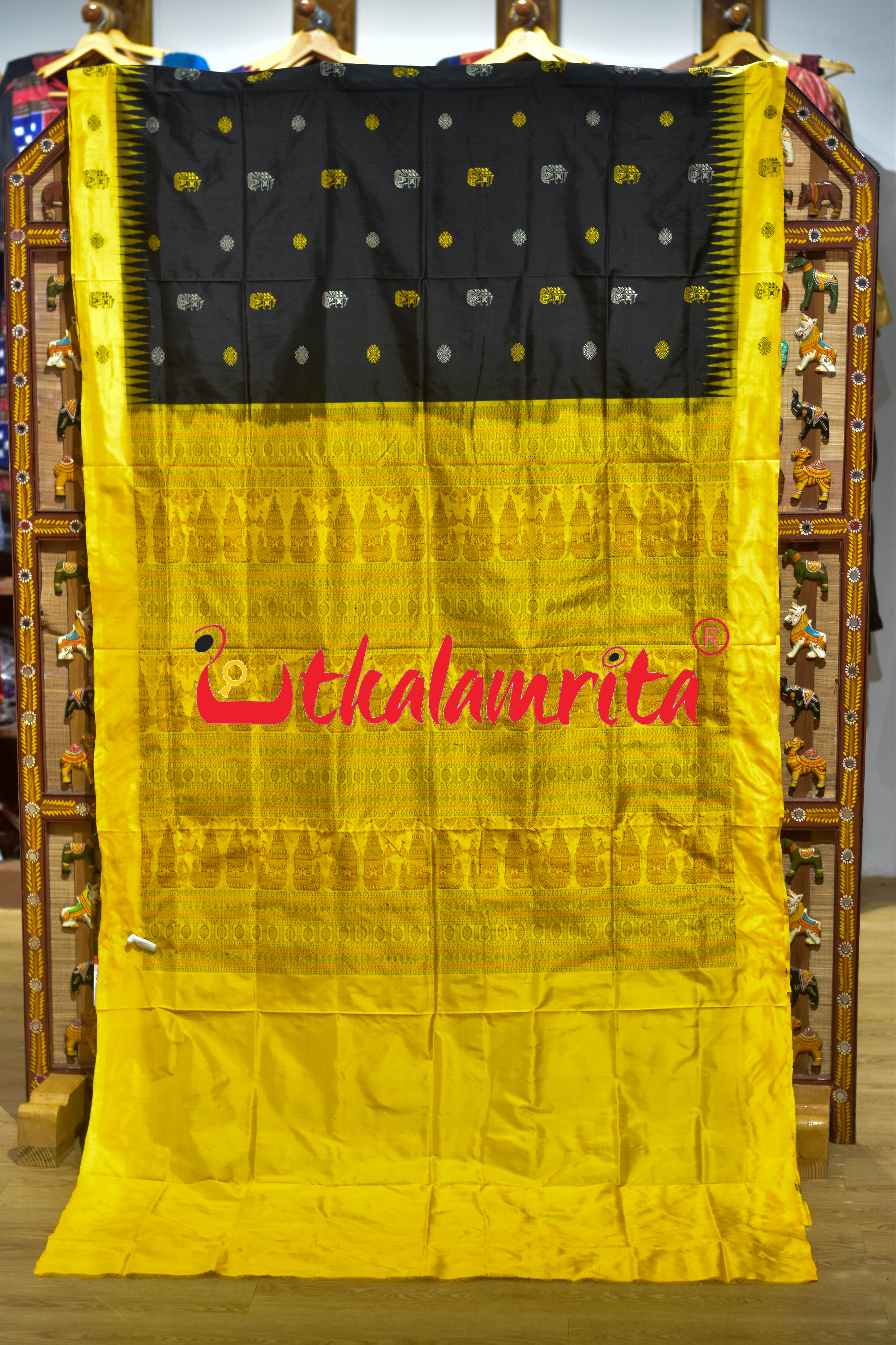 Black Yellow Boita Bomkai Silk Saree