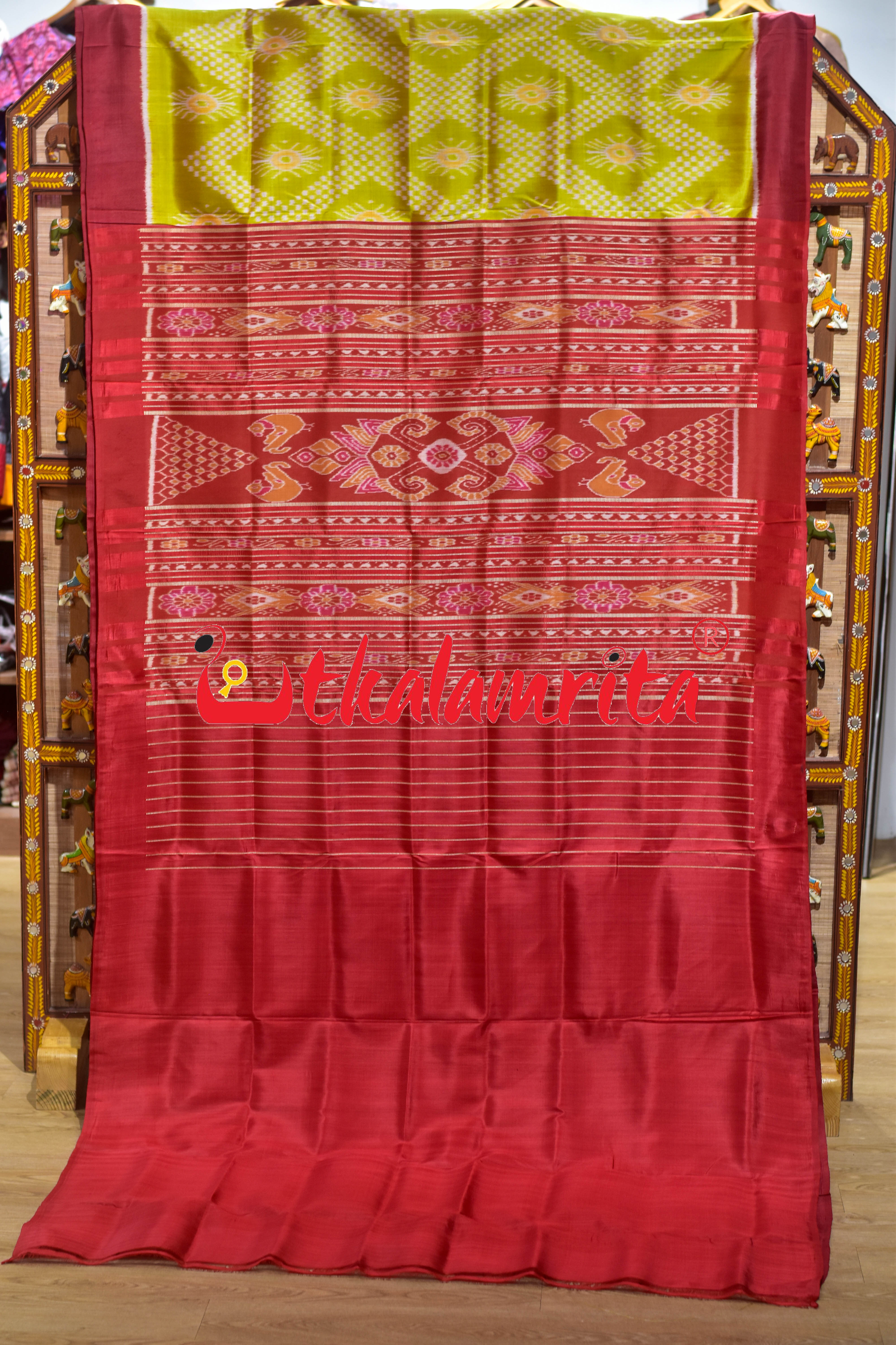 Fluorescent Green Maroon Tarabali Khandua Silk Saree
