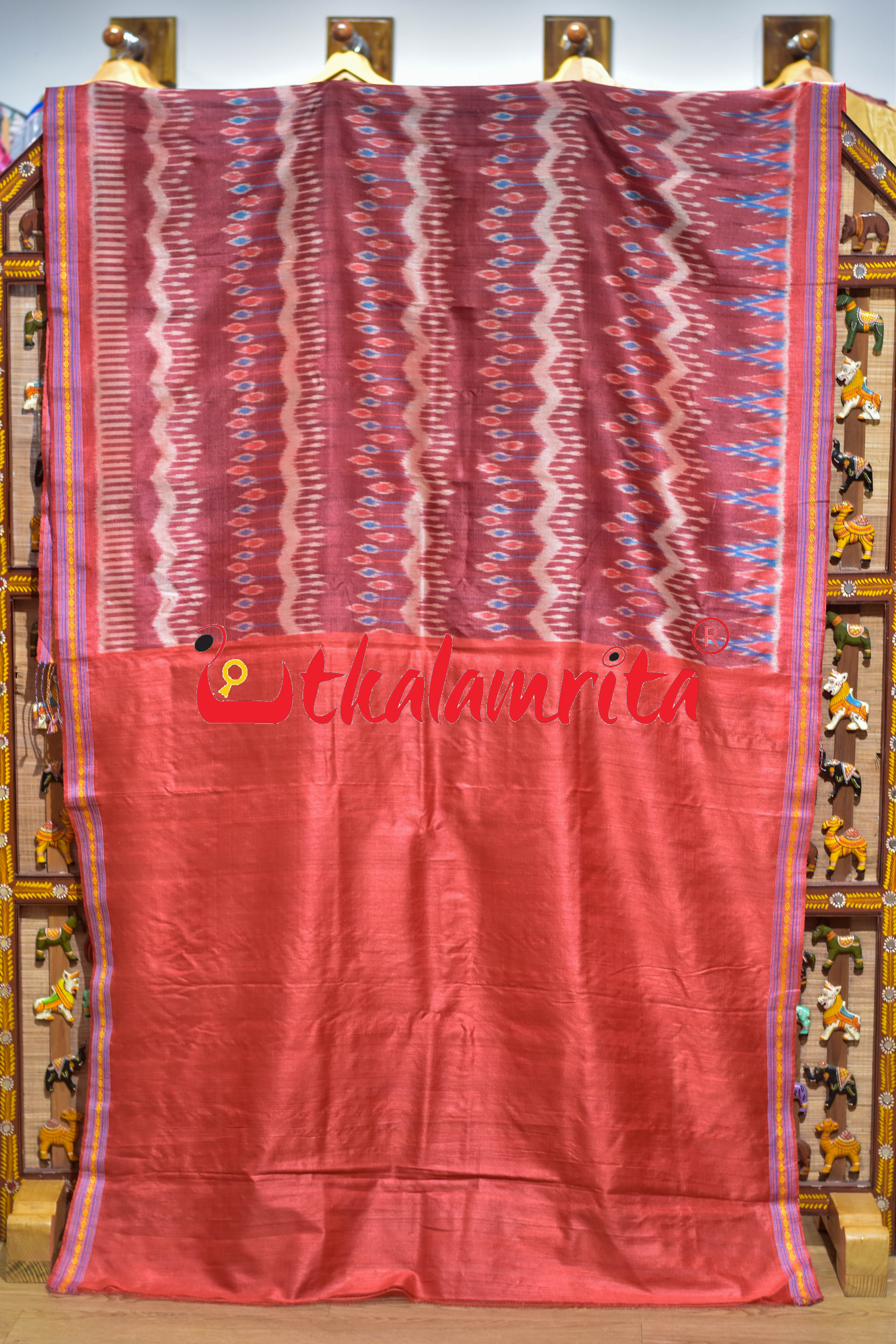 Red Half Ikat Half  Jala Gopalpur Tussar Silk Saree