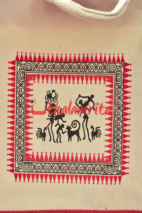 Red Tribals Dancing Rectangular Jute Bag