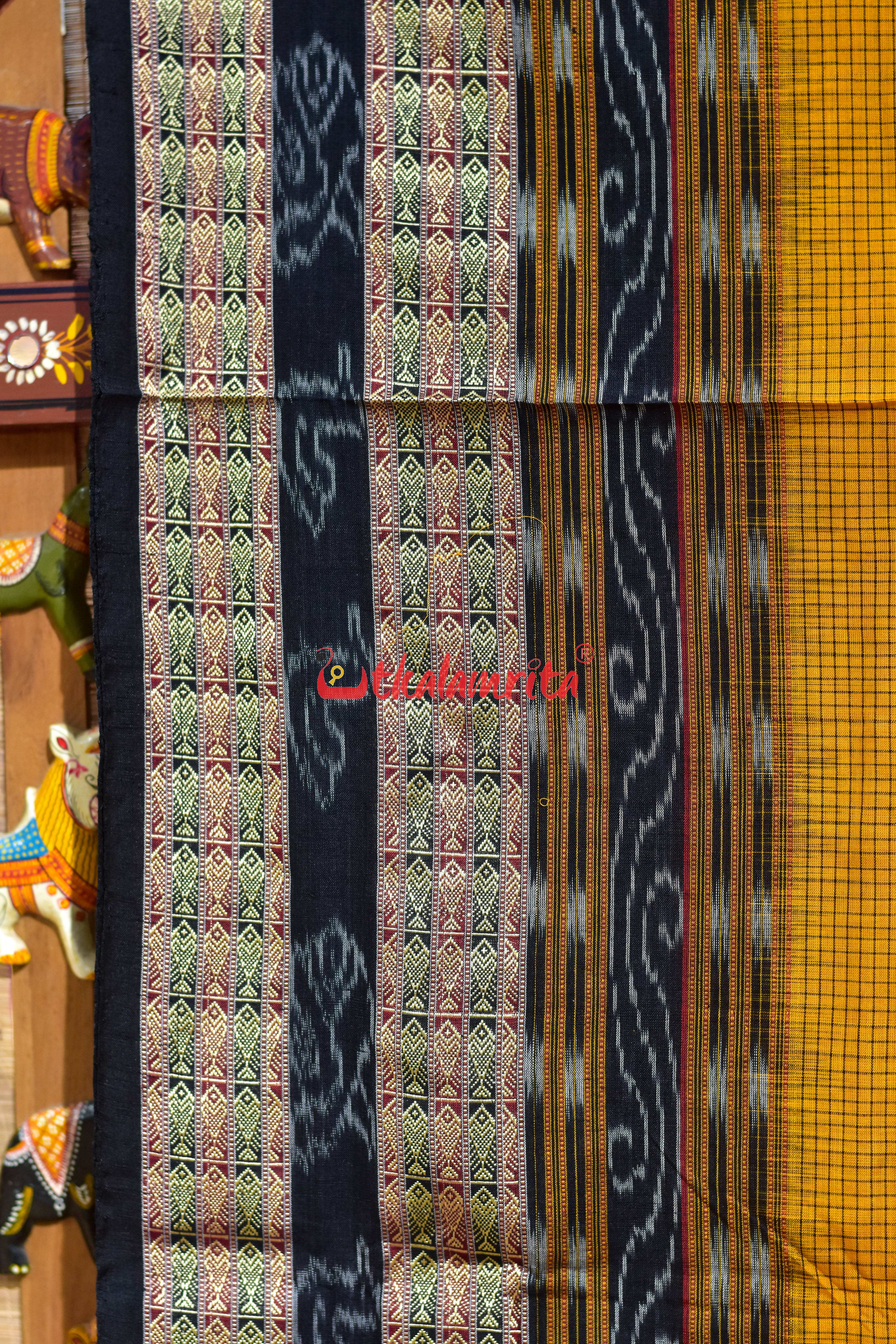 Yellow Black Middle Sachipar Sambalpuri Cotton Saree