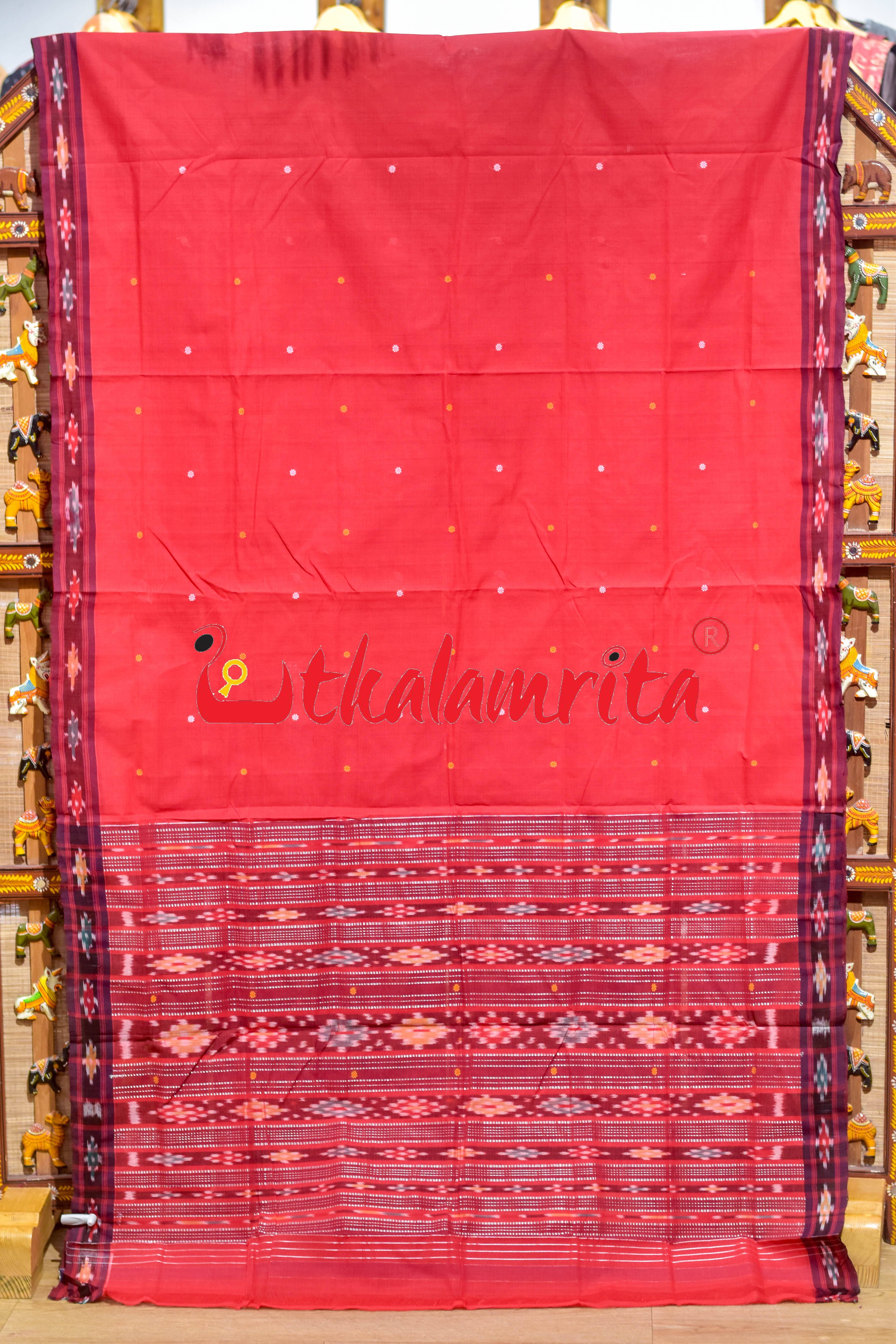 Red Maroon Single Buti Pittala Single Cotton Saree