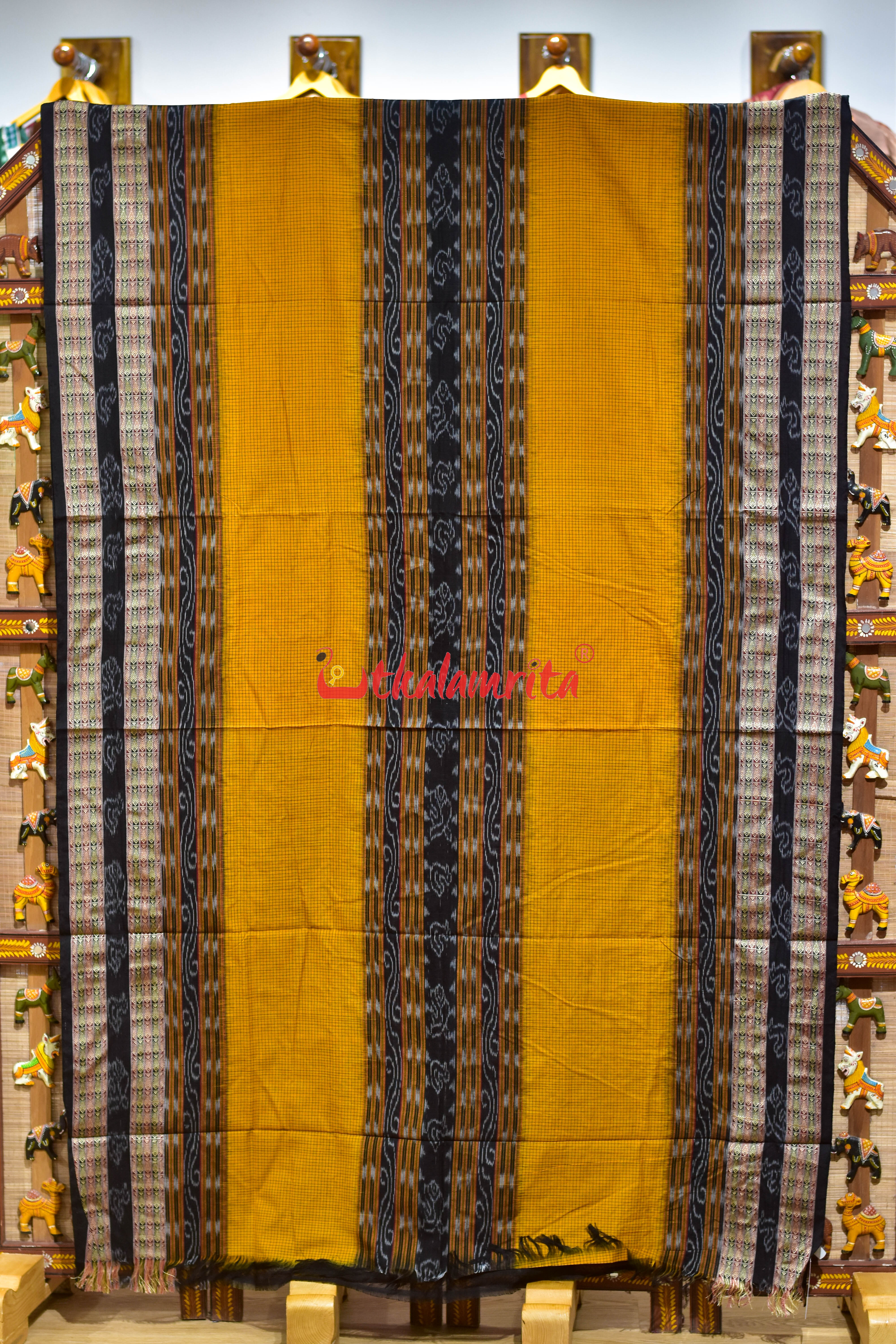 Yellow Black Middle Sachipar Sambalpuri Cotton Saree