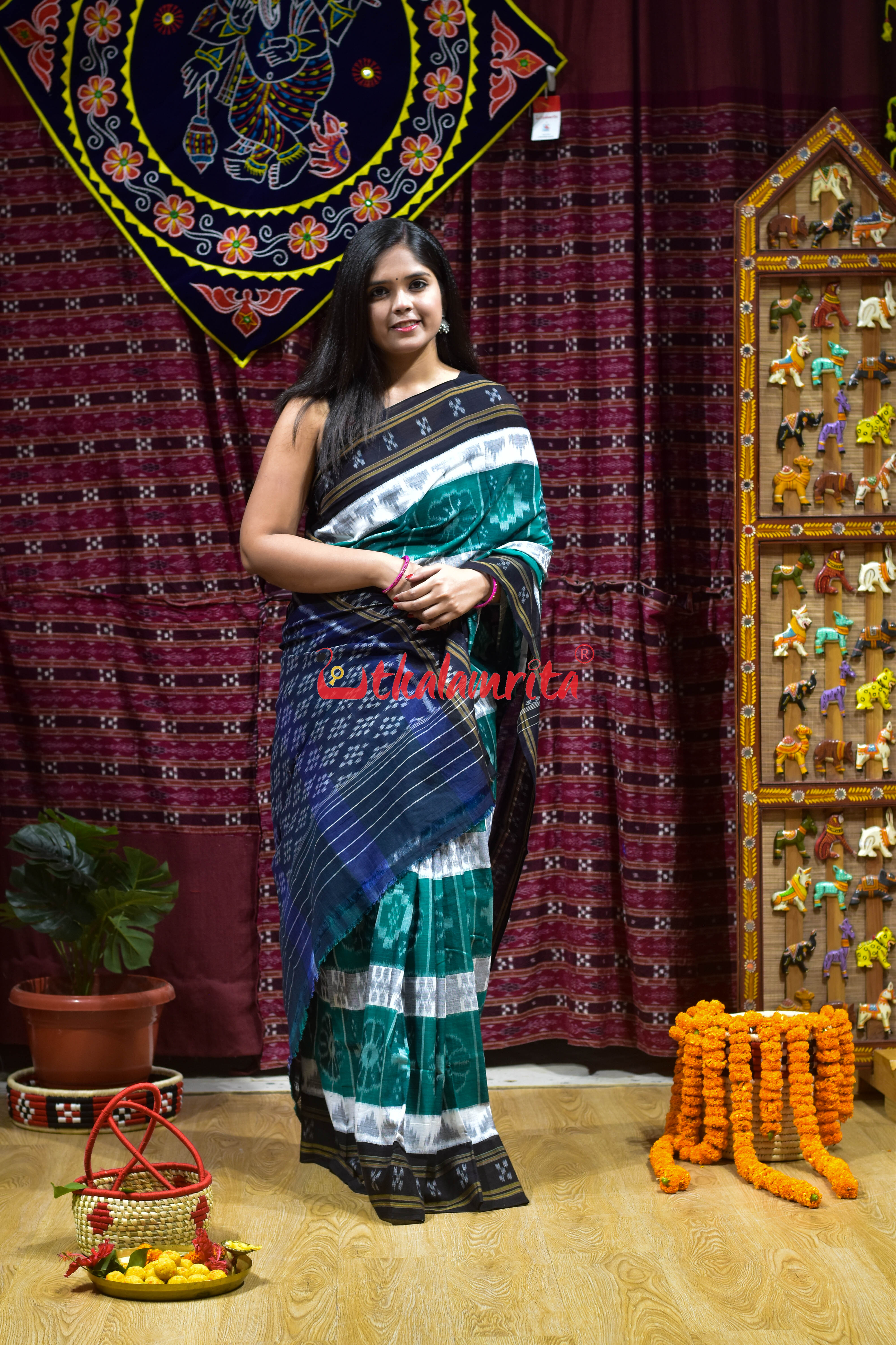Green with 7D Black Body Bandha Khandua Cotton Saree