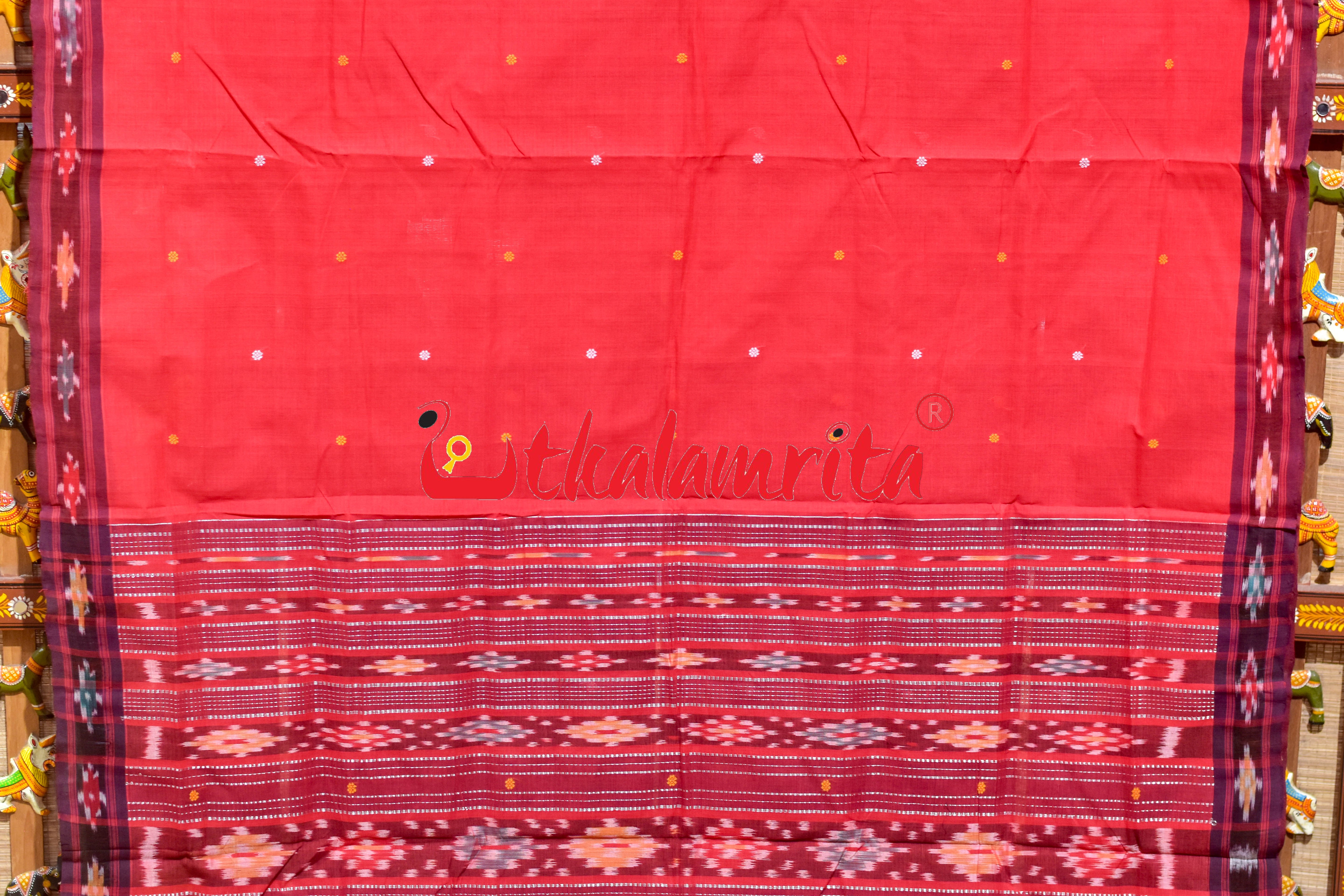 Red Maroon Single Buti Pittala Single Cotton Saree