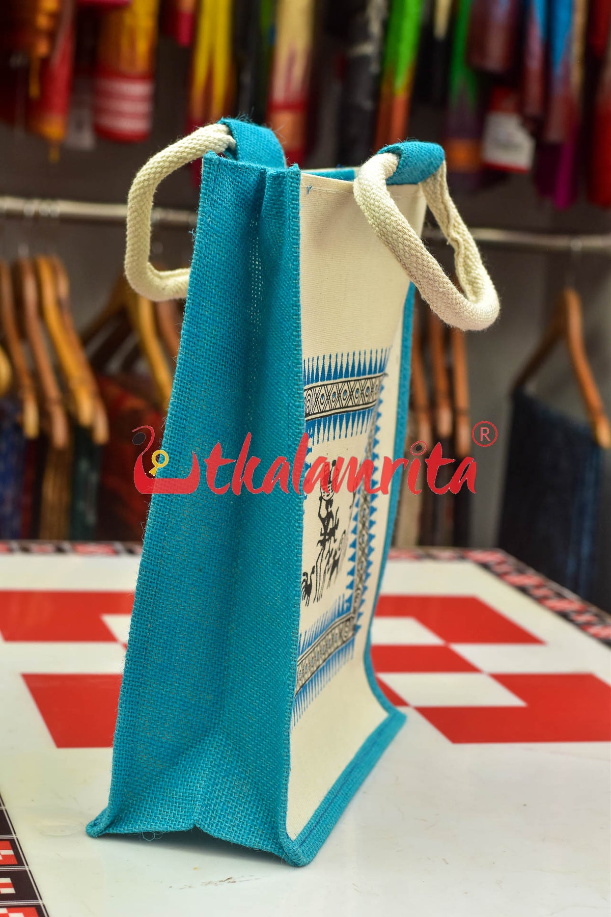 Blue Tribals Dancing Rectangular Jute Bag