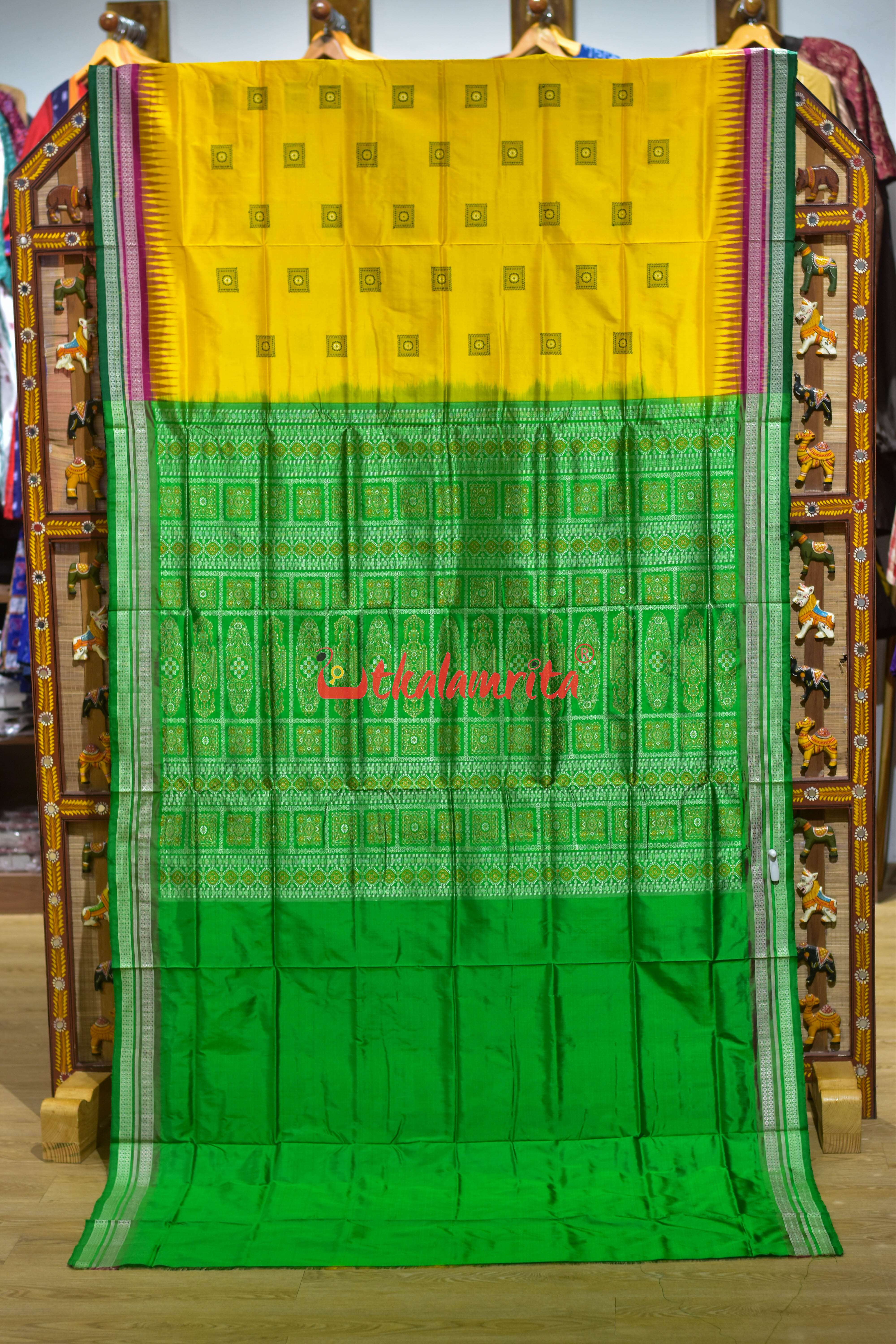 Yellow Rani Green Double Border Bomkai Silk Saree
