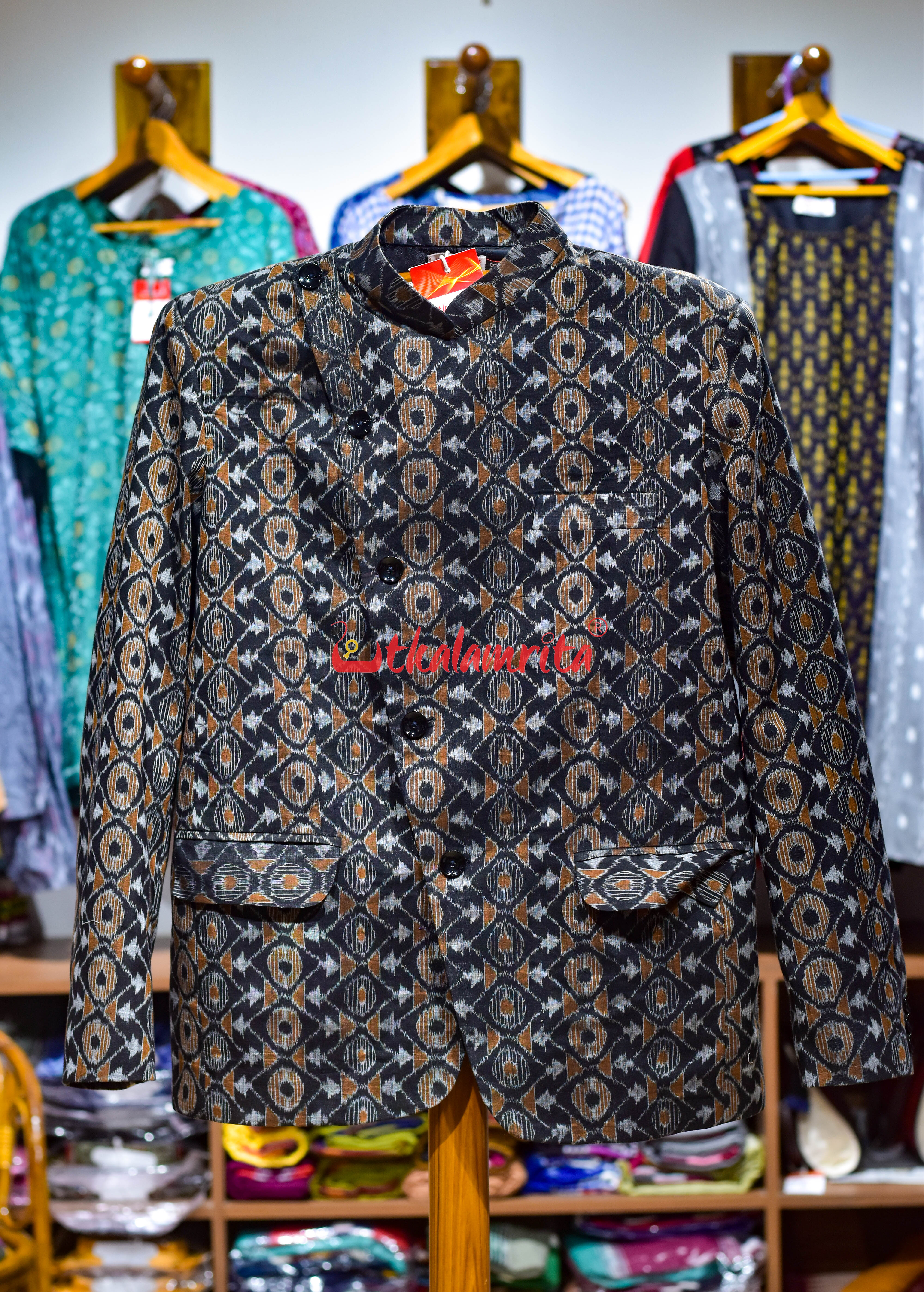 Black Mustard Asymmetric Sambalpuri (Men's Blazer)