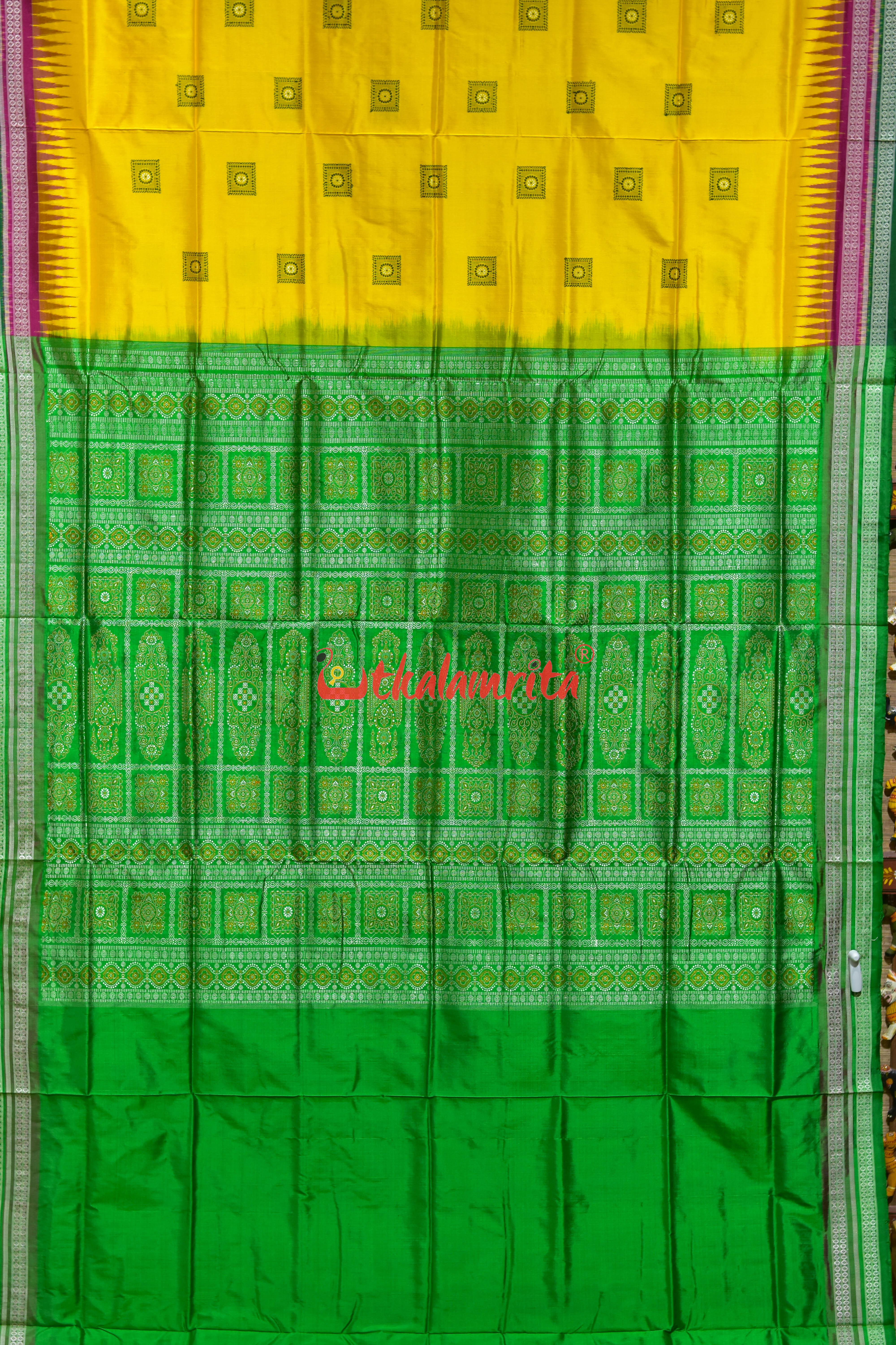 Yellow Rani Green Double Border Bomkai Silk Saree