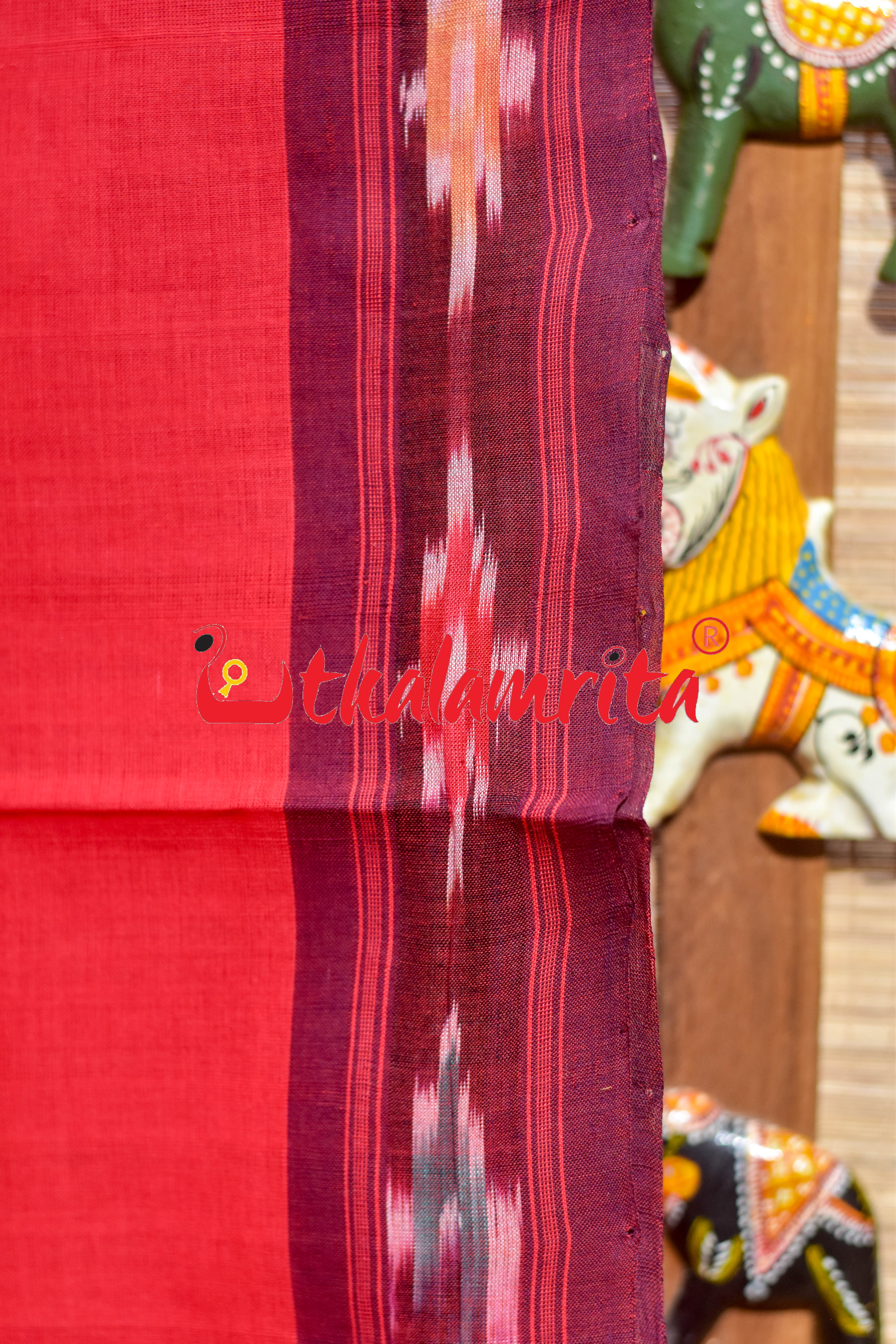 Red Maroon Single Buti Pittala Single Cotton Saree