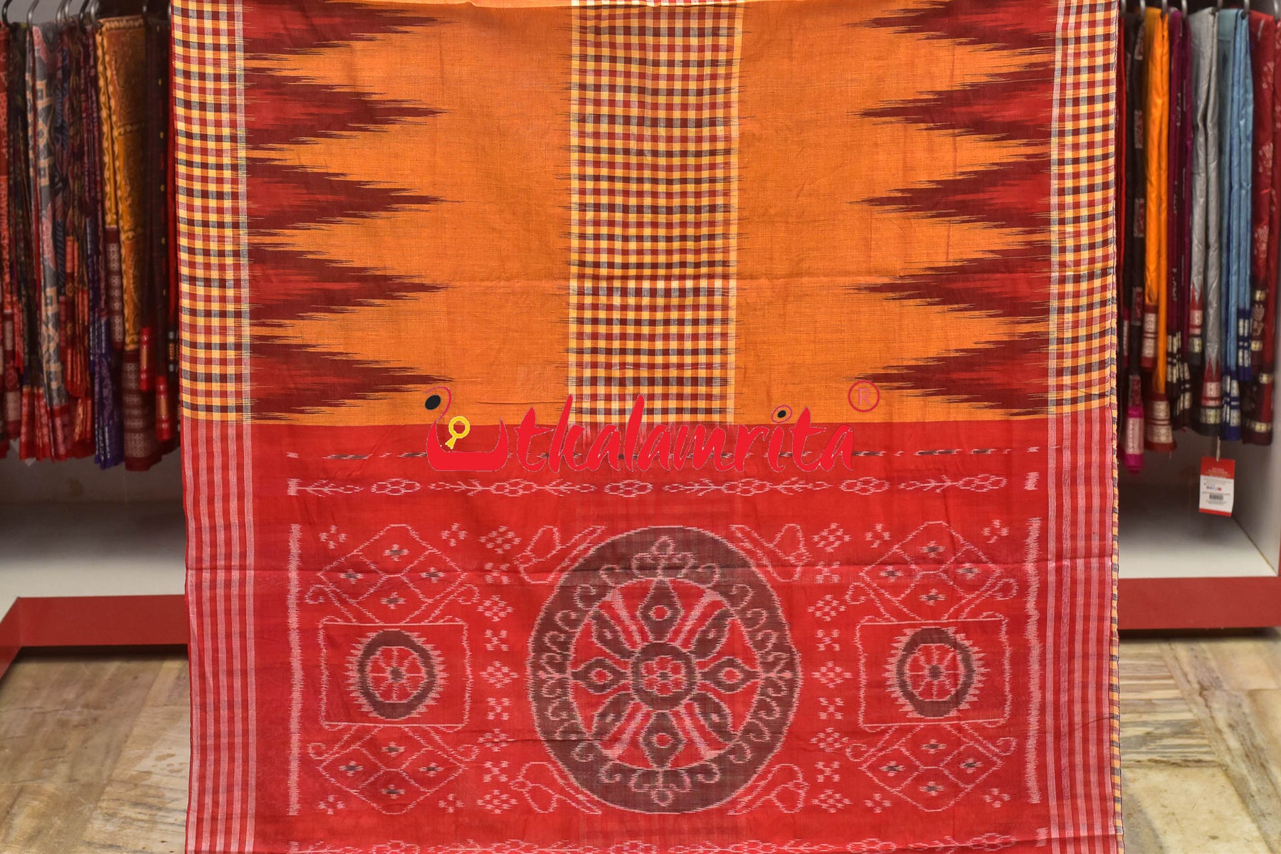 Kargil Middle Checks Orange Cotton Saree