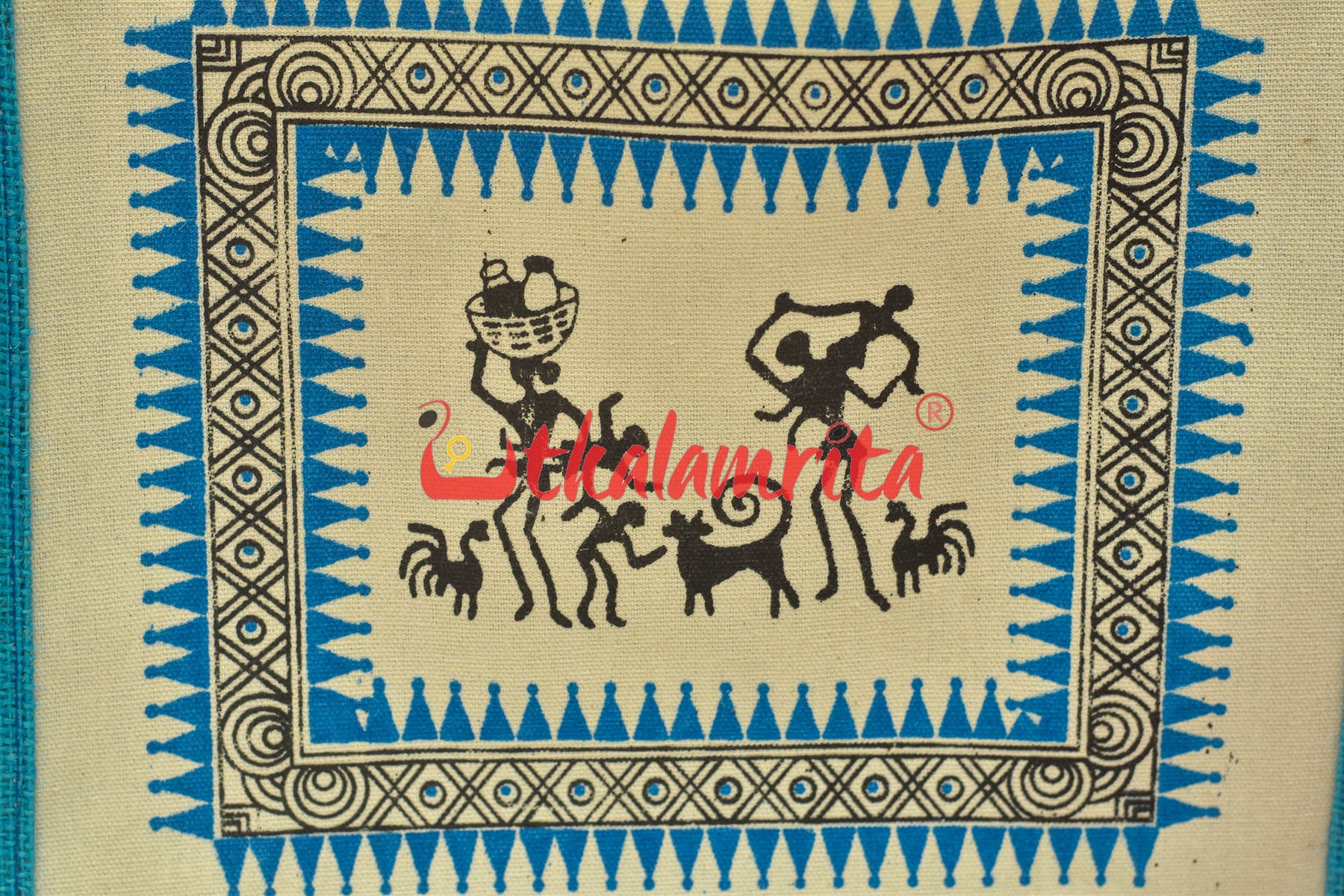 Blue Tribals Dancing Rectangular Jute Bag