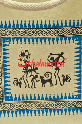 Blue Tribals Dancing Rectangular Jute Bag