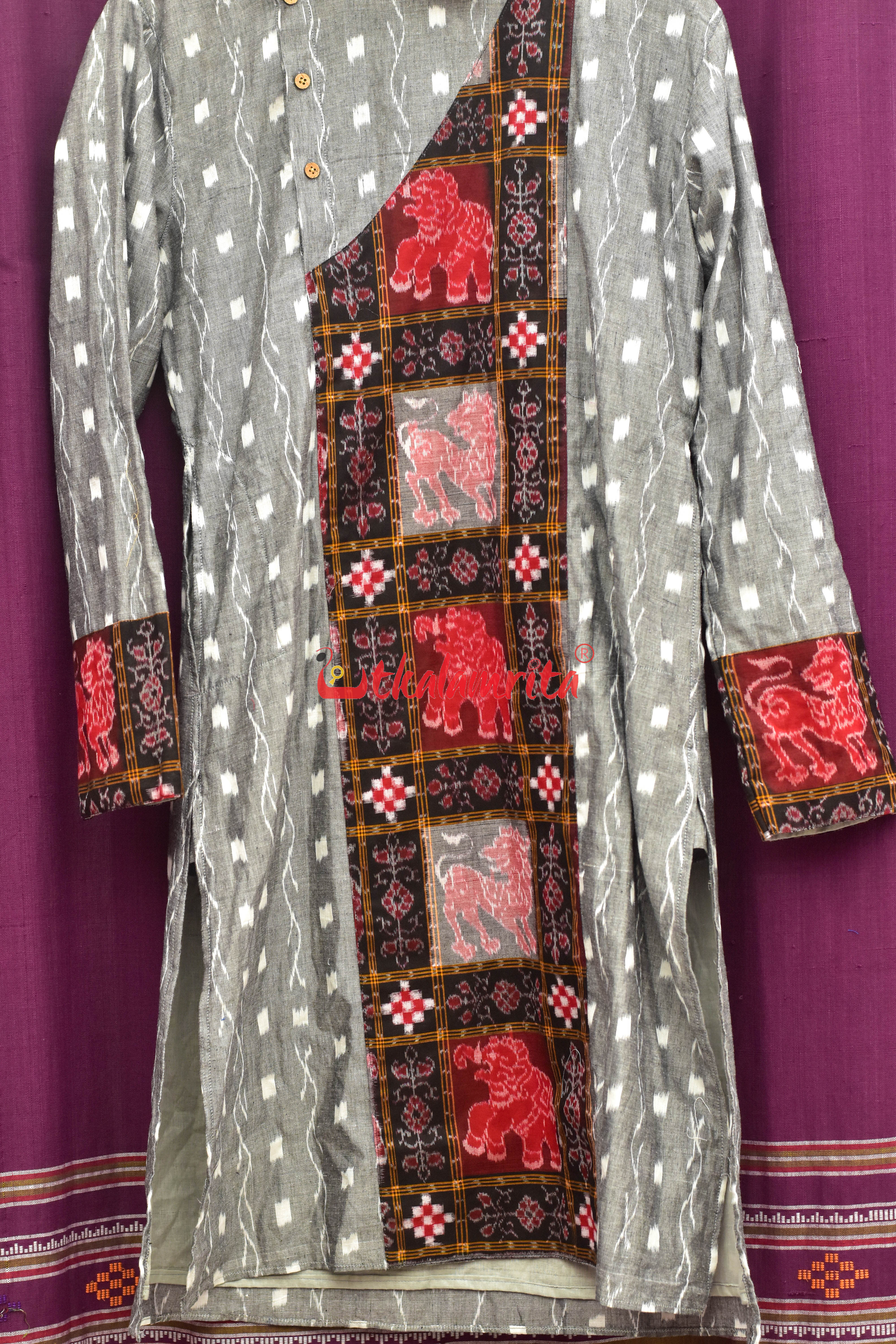 Grey Tipa with Red Elephants Asymmetric (Men's Full Kurta)