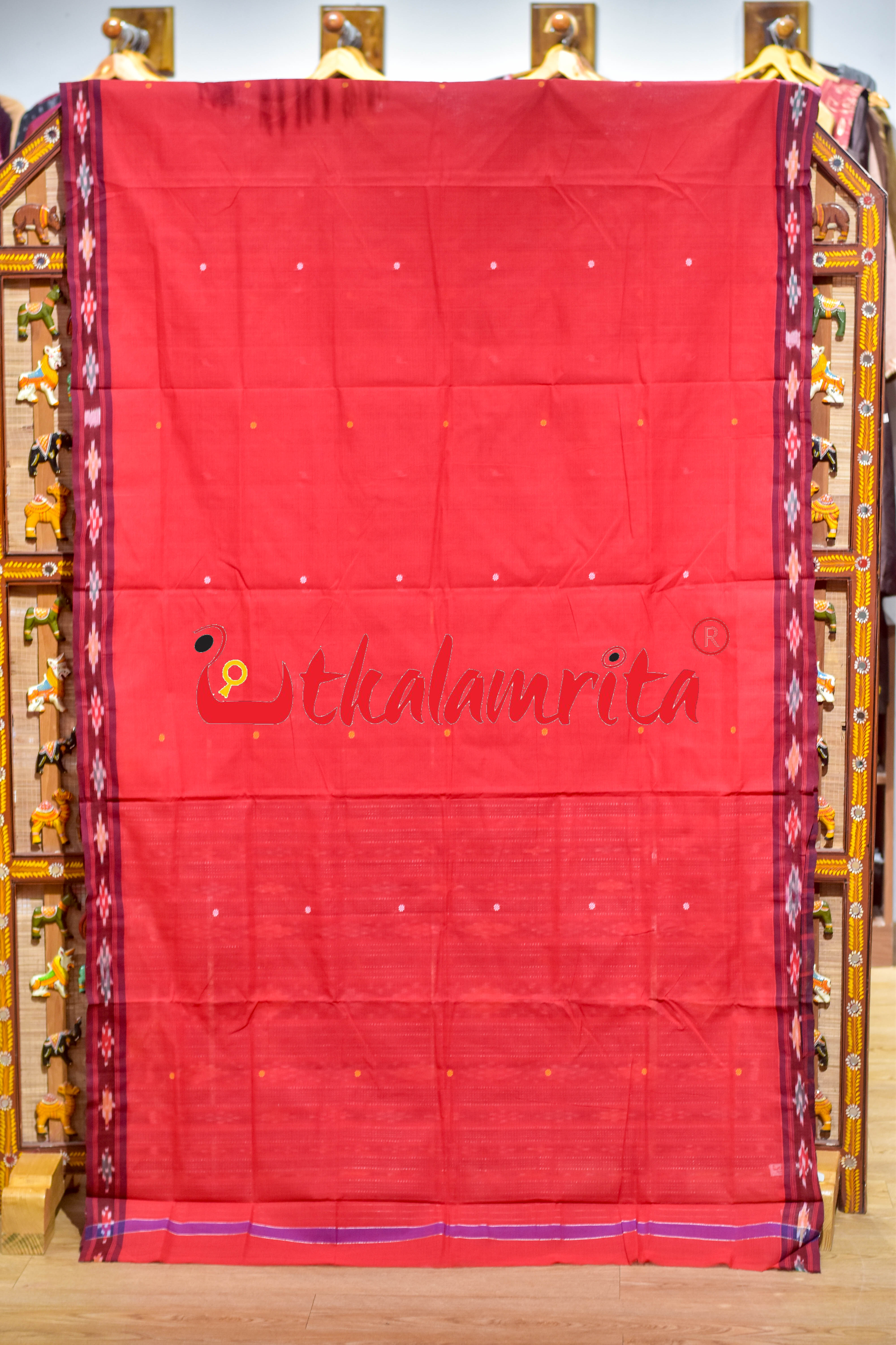 Red Maroon Single Buti Pittala Single Cotton Saree