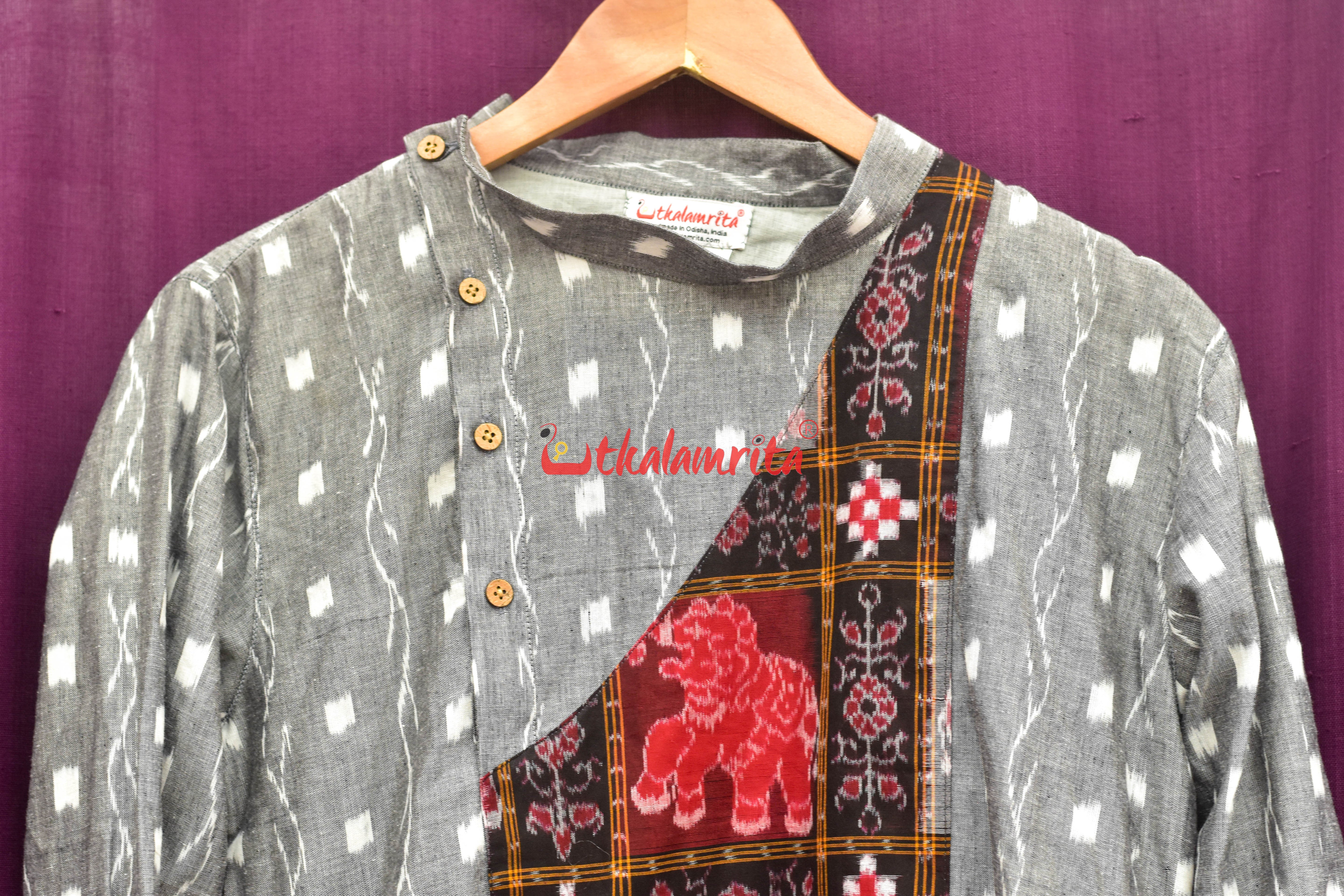 Grey Tipa with Red Elephants Asymmetric (Men's Full Kurta)