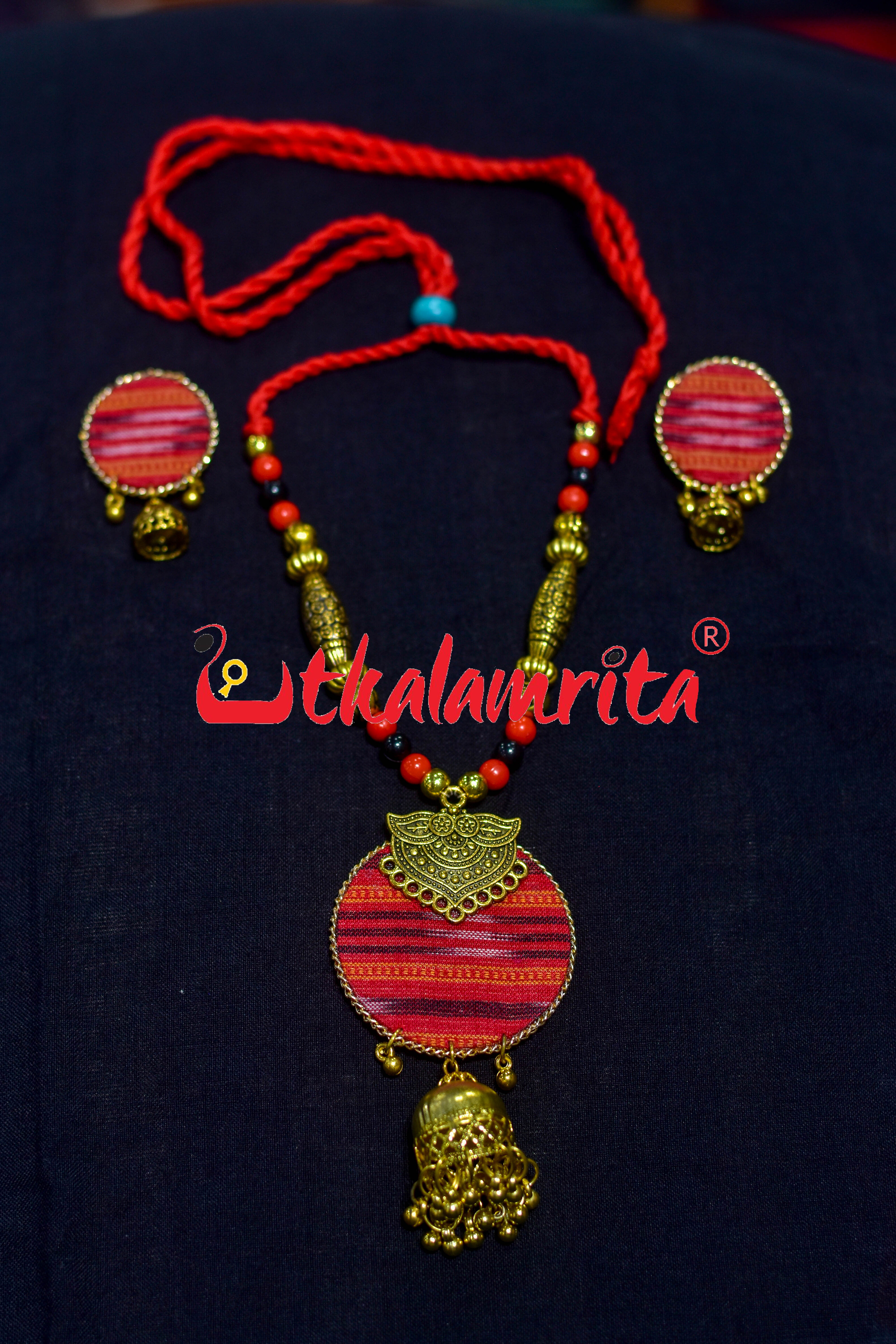 Red Round Ikat Golden Necklace Set