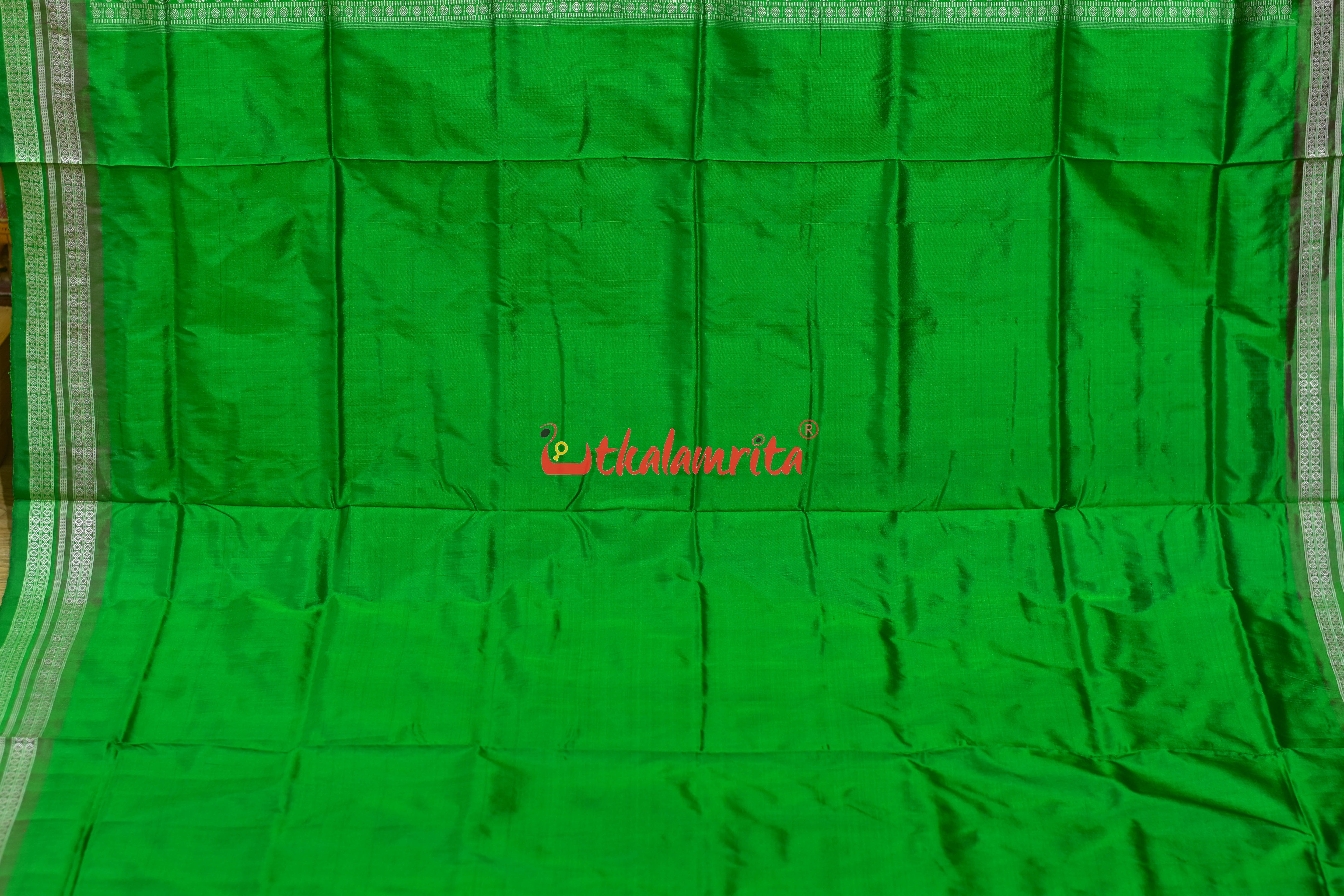 Yellow Rani Green Double Border Bomkai Silk Saree