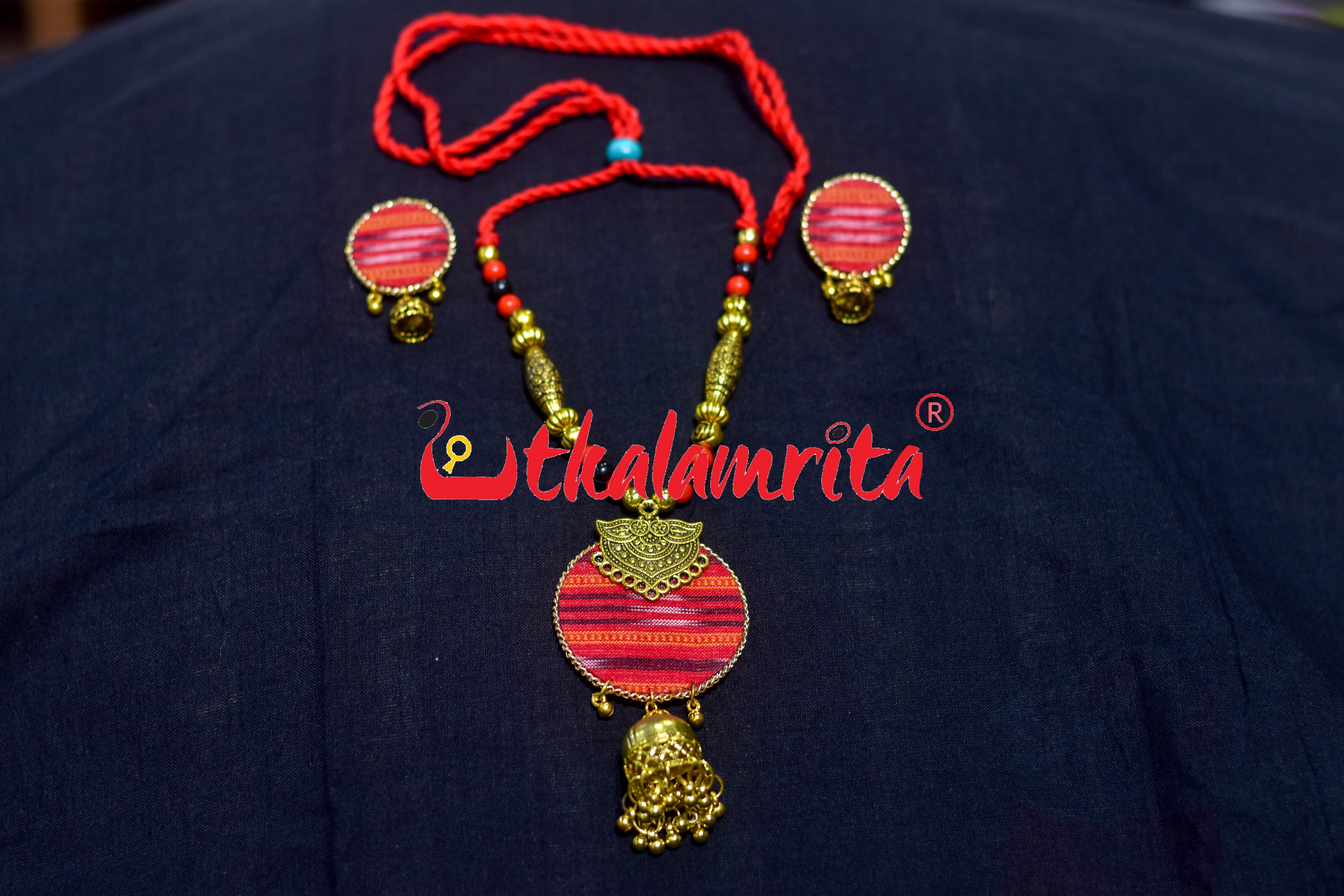 Red Round Ikat Golden Necklace Set