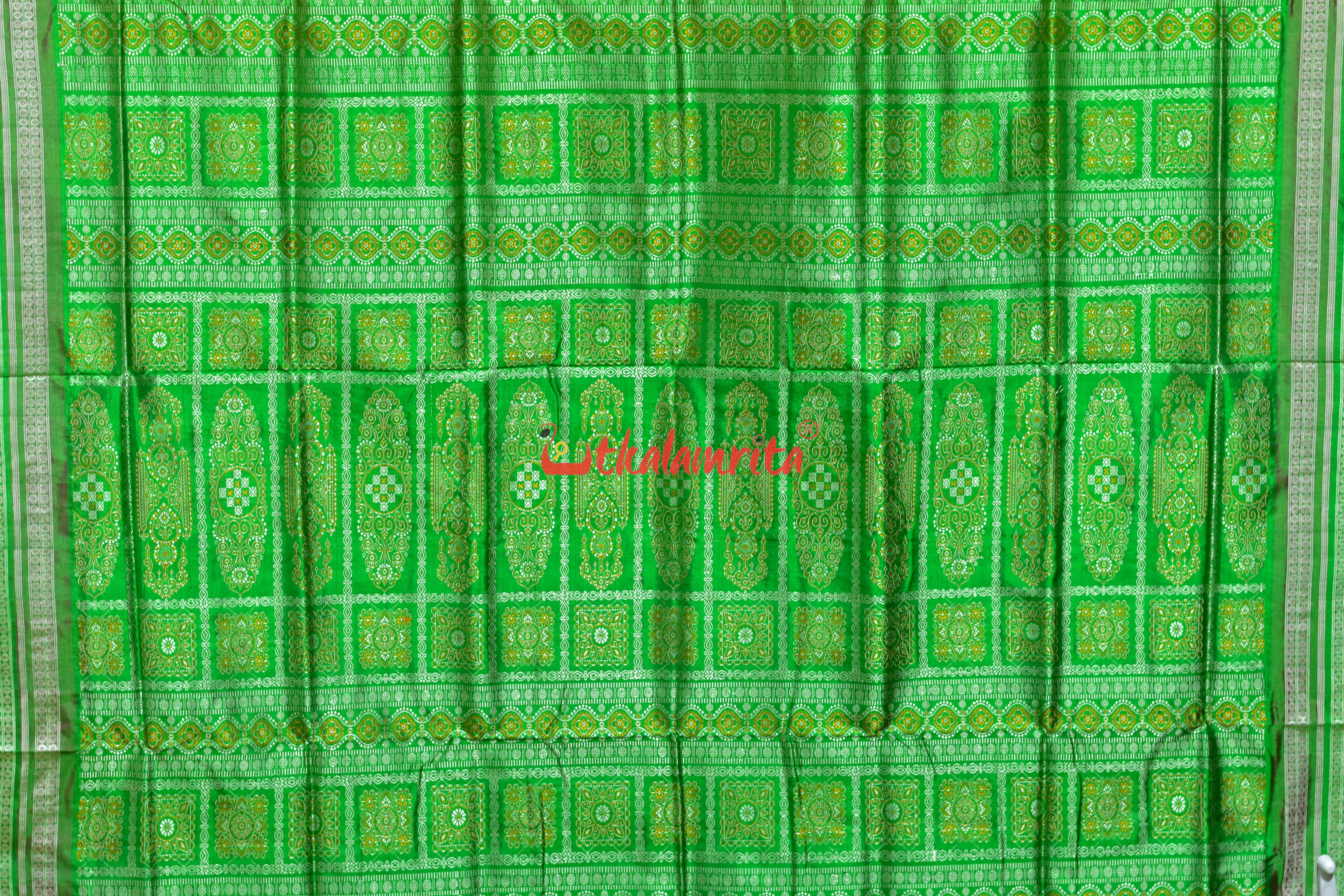 Yellow Rani Green Double Border Bomkai Silk Saree