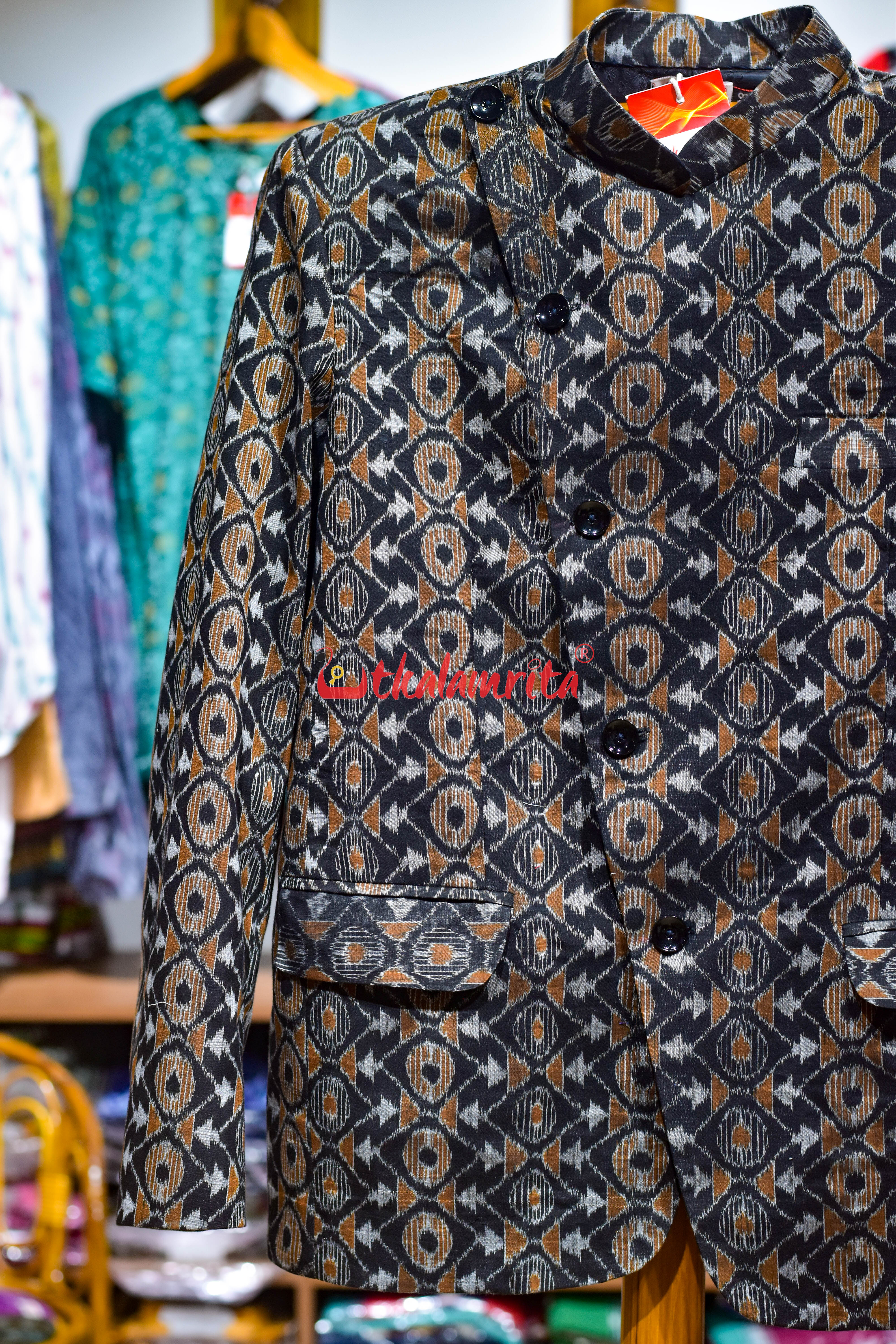 Black Mustard Asymmetric Sambalpuri (Men's Blazer)