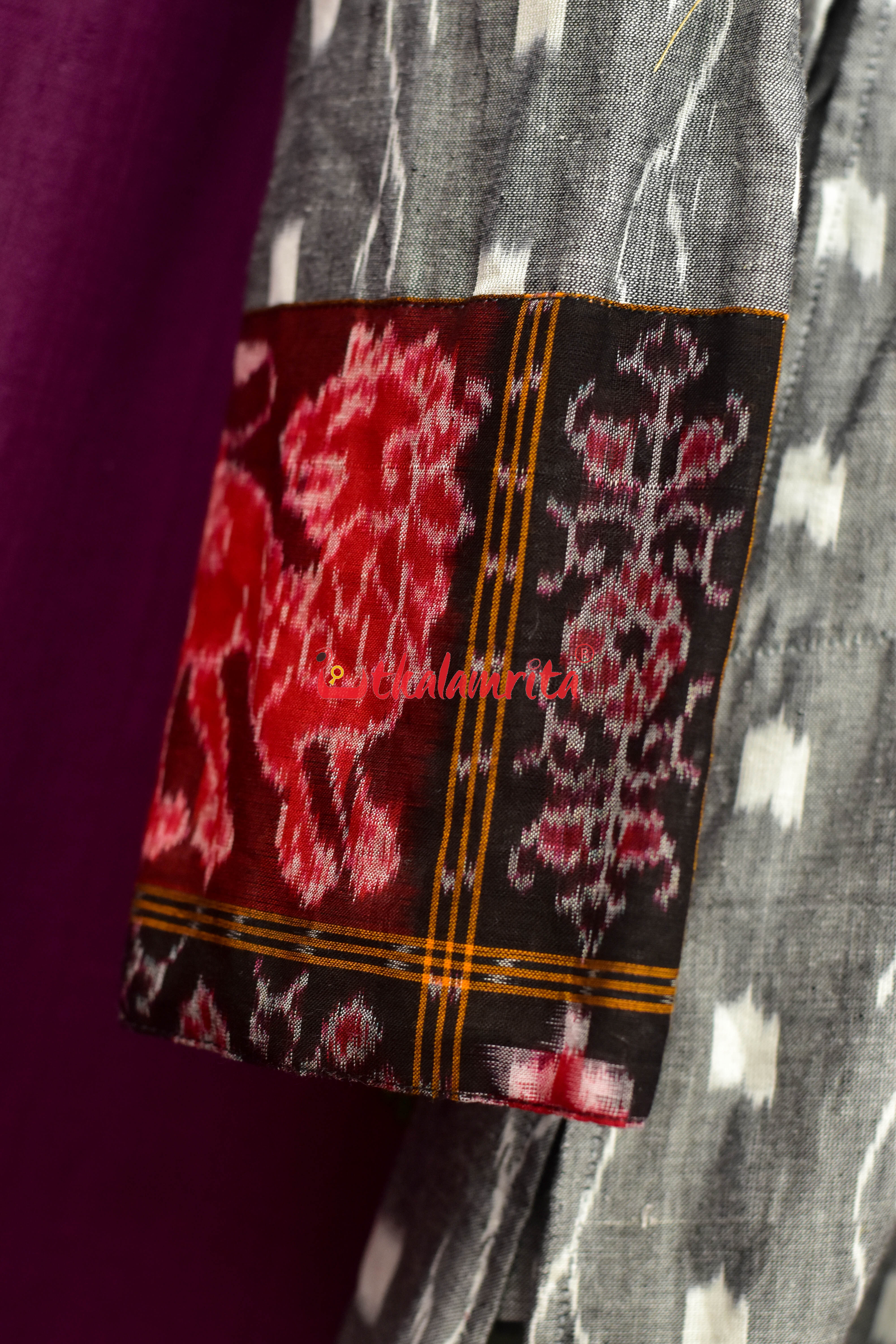 Grey Tipa with Red Elephants Asymmetric (Men's Full Kurta)