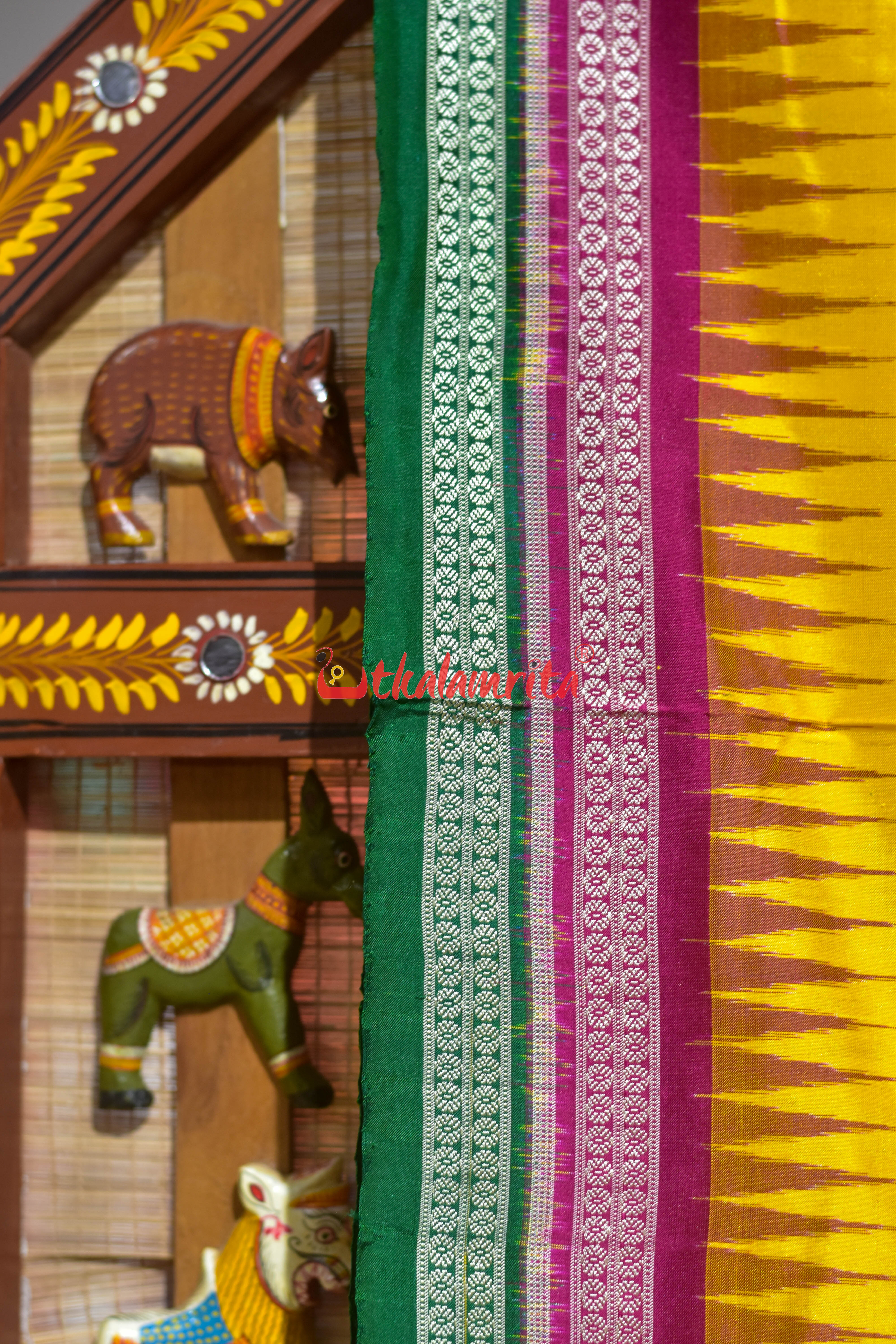 Yellow Rani Green Double Border Bomkai Silk Saree